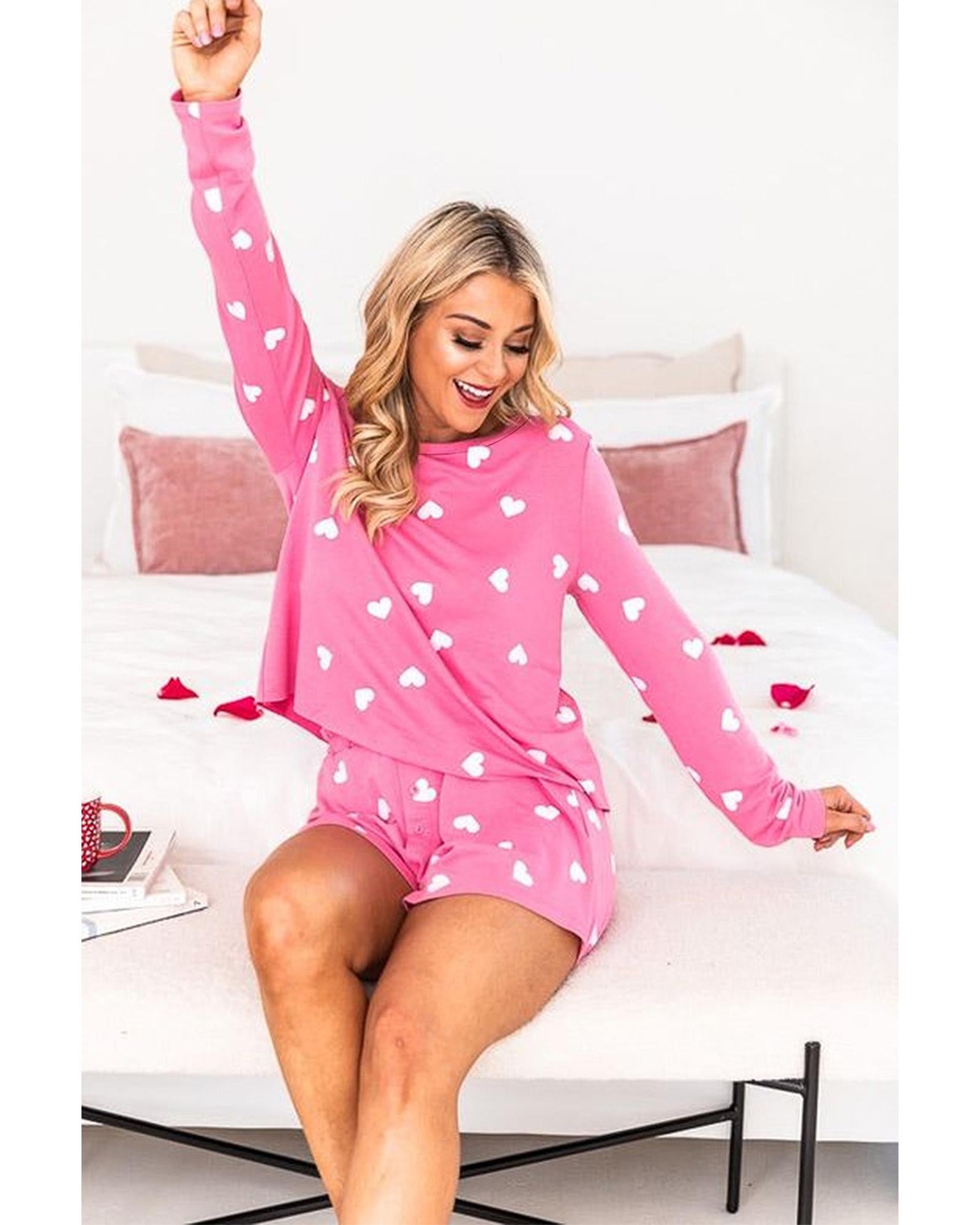 Pink Valentine Heart Print Long Sleeve Tee and Shorts Lounge Set - XL