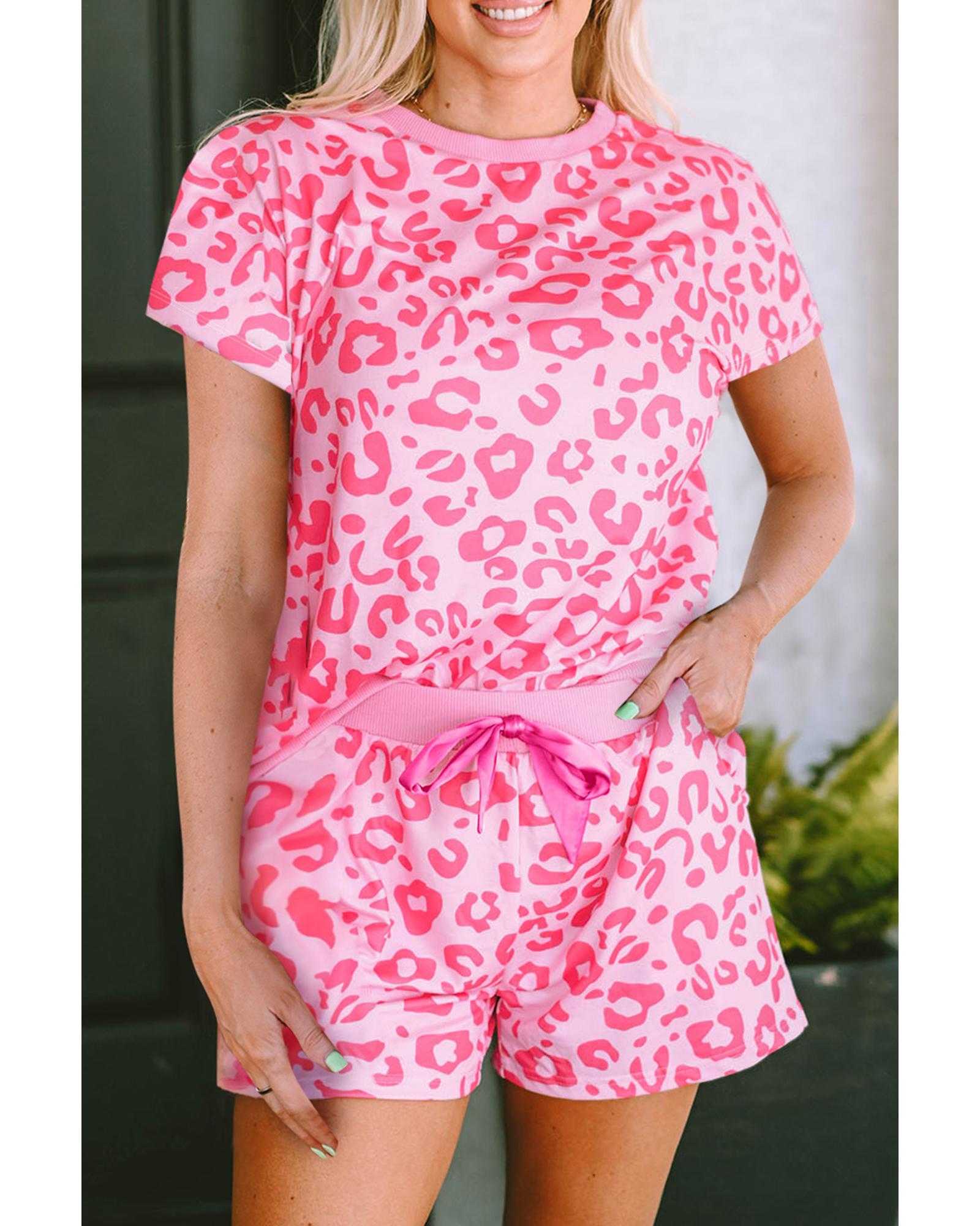 Pink Leopard Print Tee and Satin Tie Shorts Lounge Set - M