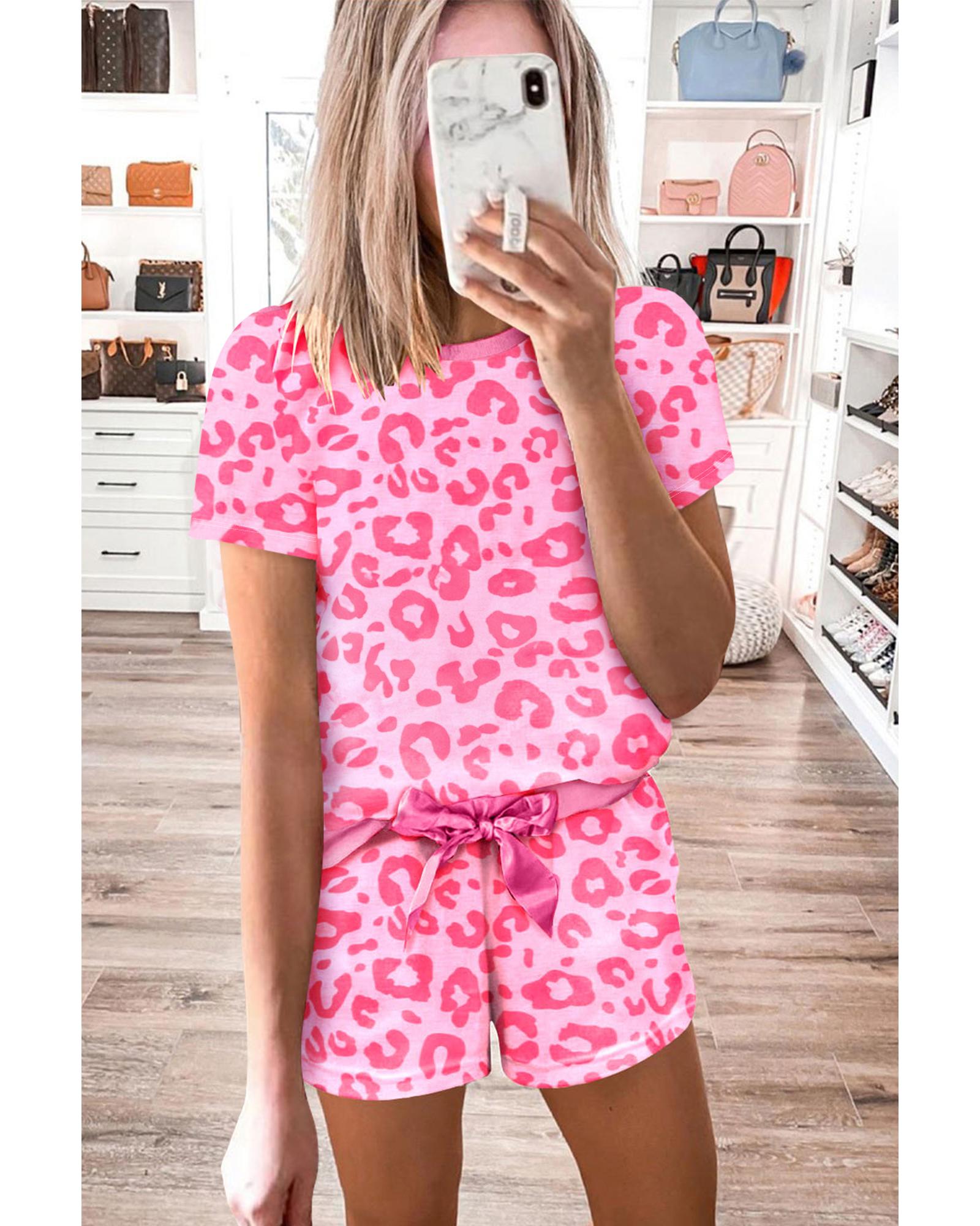 Pink Leopard Print Tee and Satin Tie Shorts Lounge Set - M