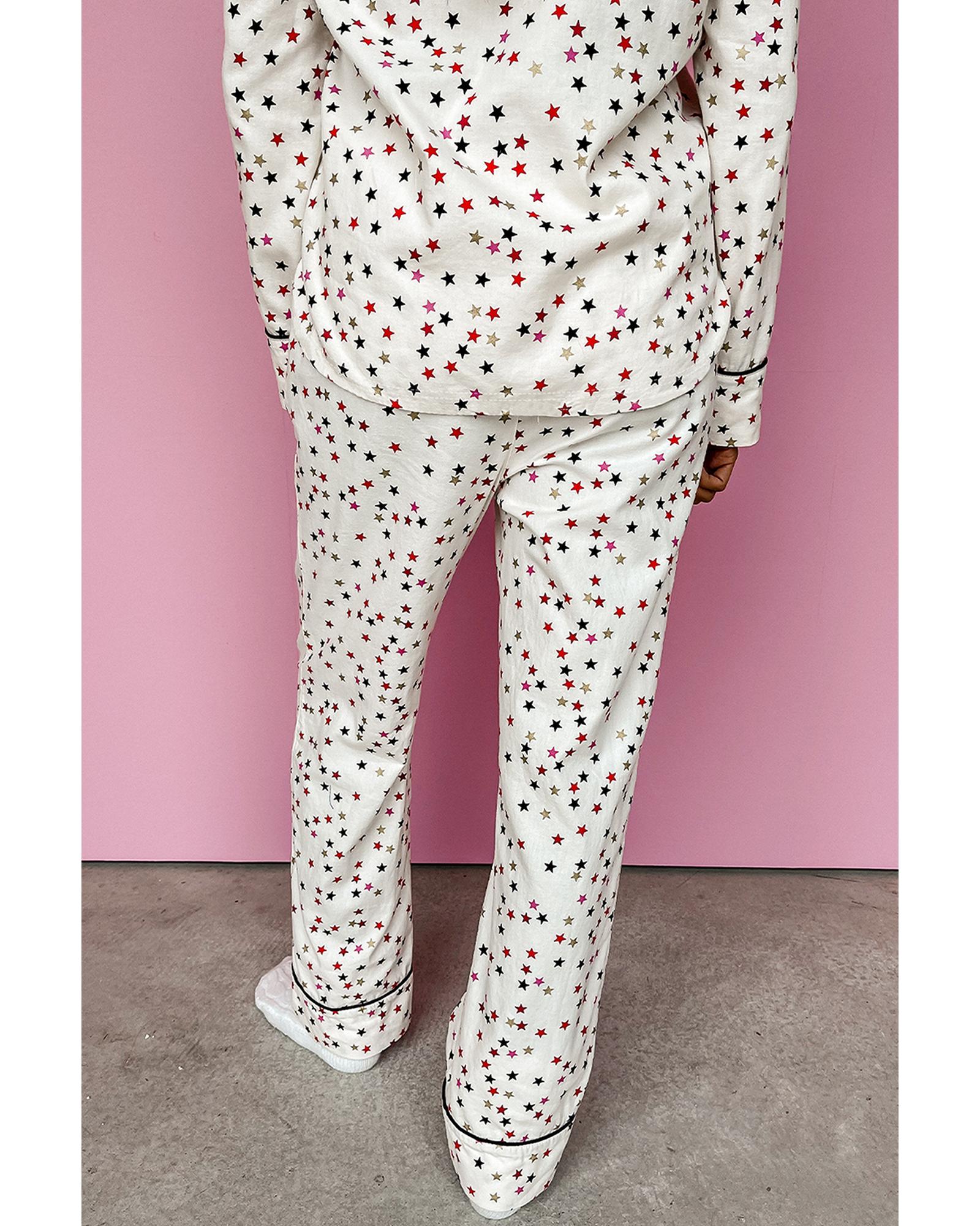 White Contrast Pipping Star Long Sleeve and Pants Pajamas Set - XL