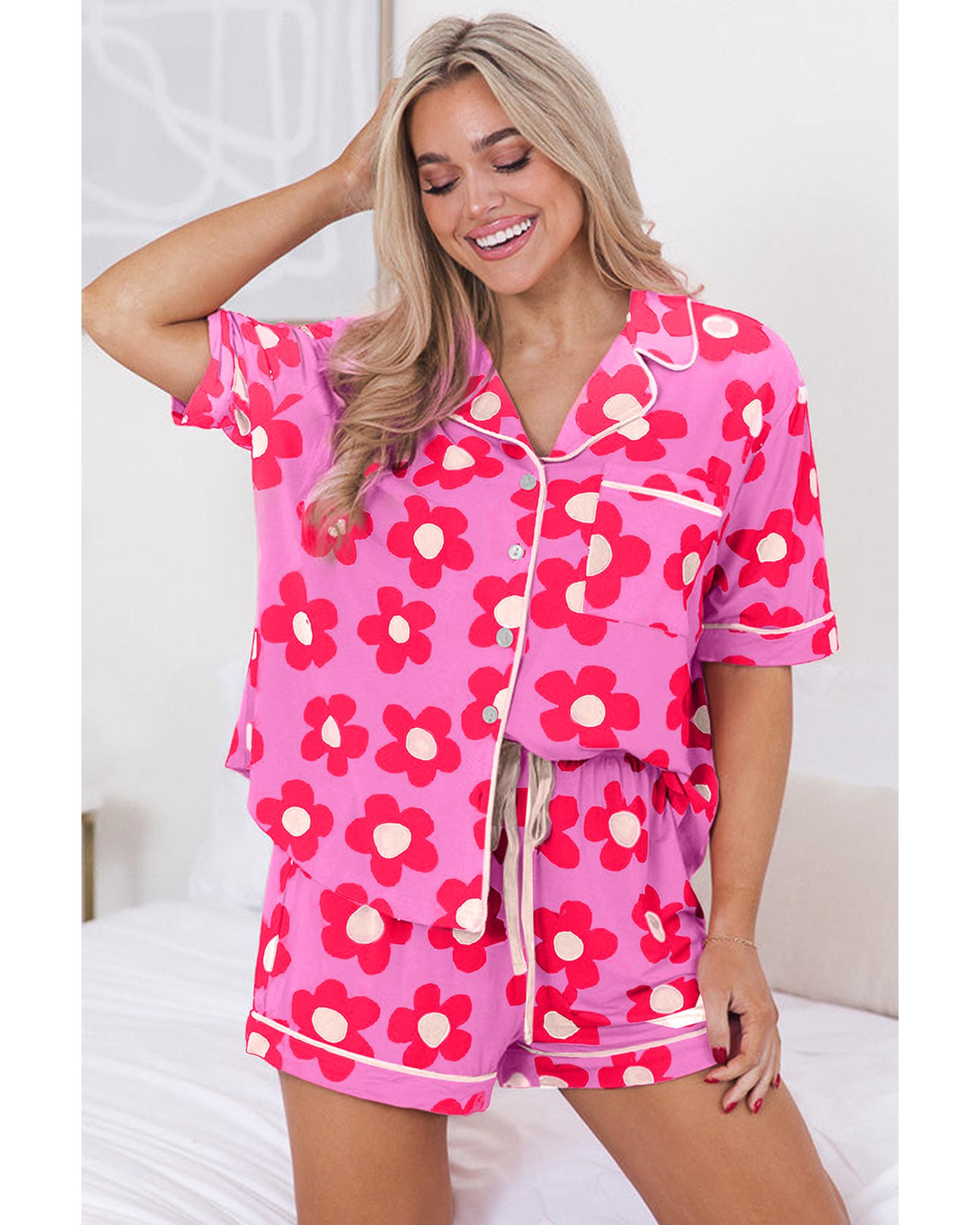 Pink Flower Print Short Sleeve Shirt Pajamas Set - S