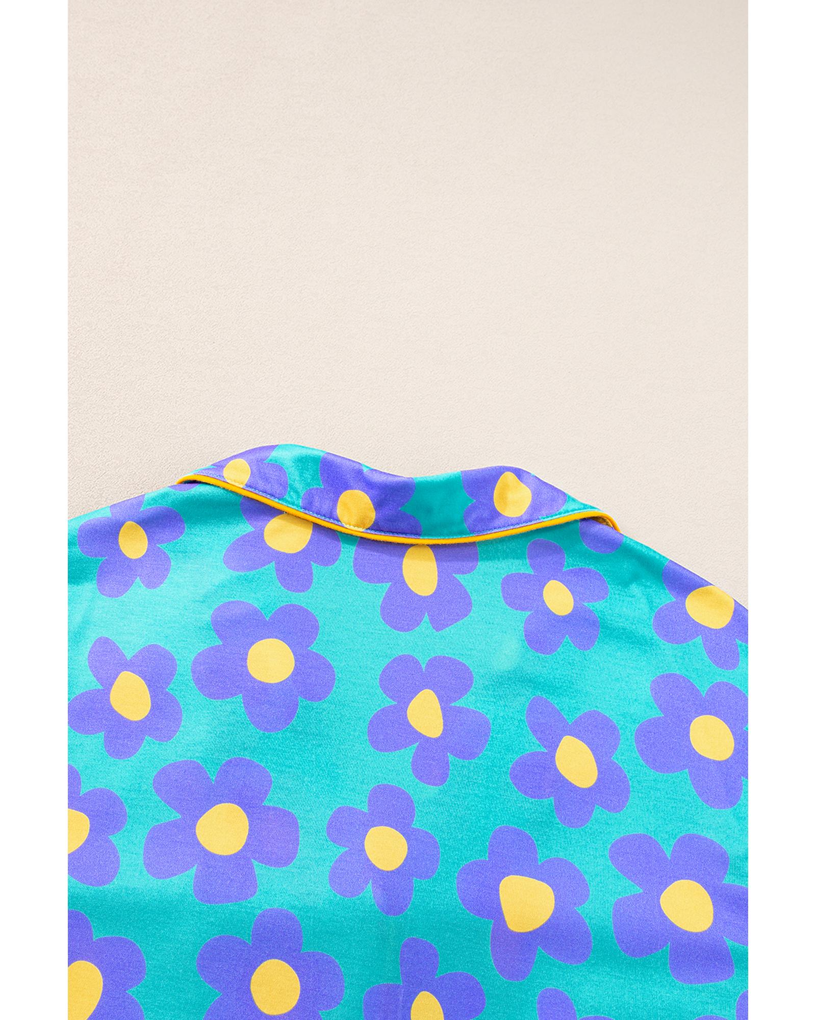 Green Flower Print Short Sleeve Shirt Pajamas Set - M