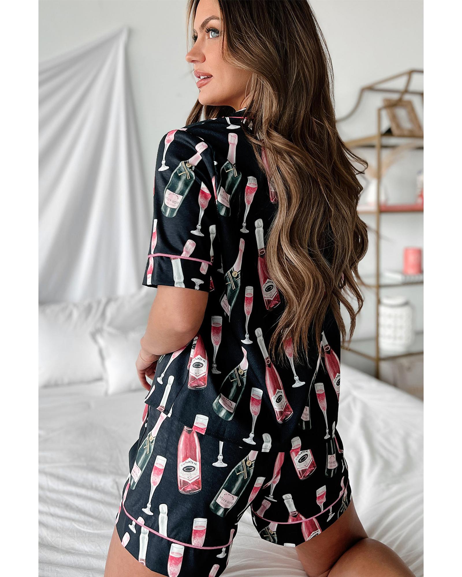 Black Champagne Print Silky Short Sleeve Pajamas Set - L