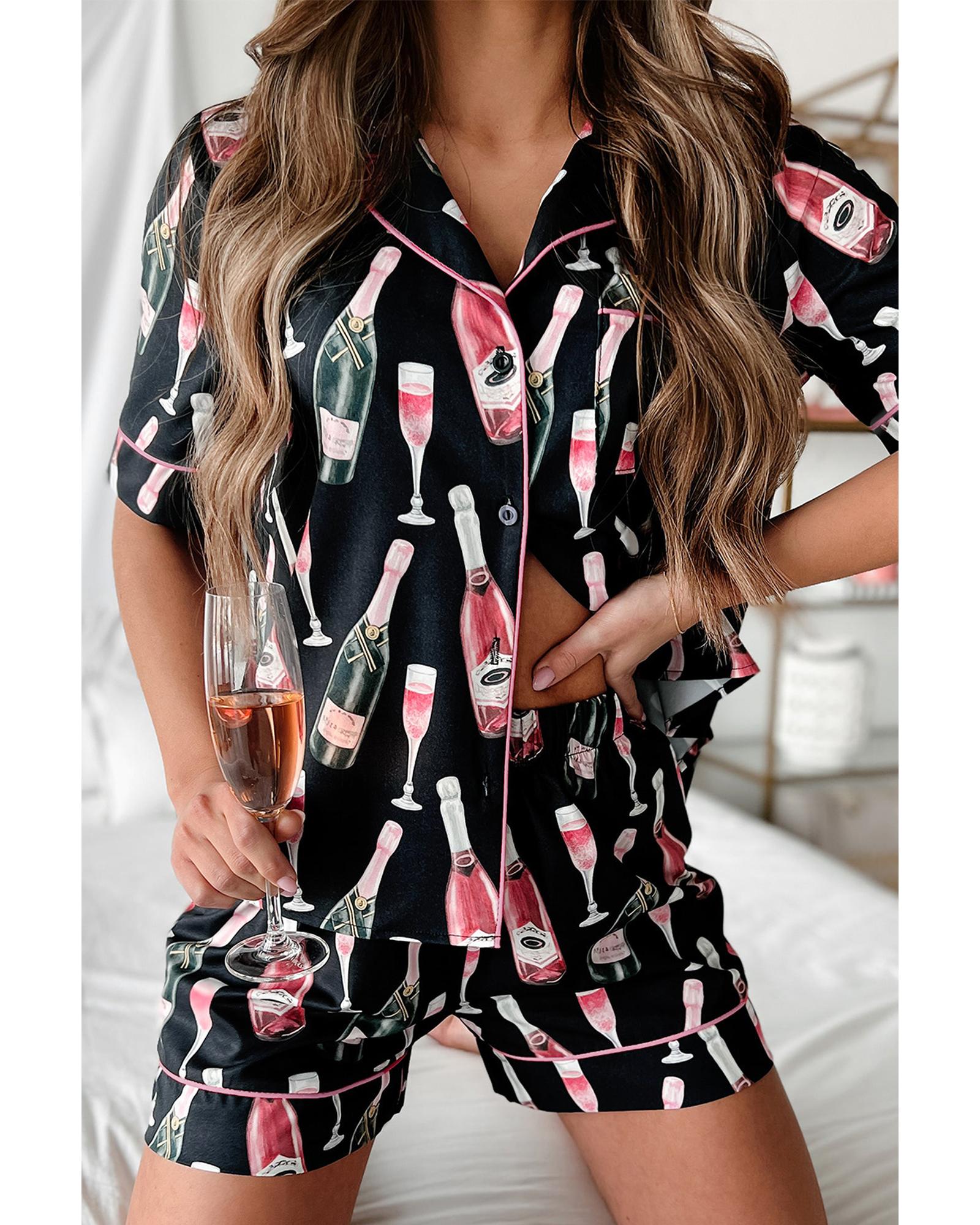 Black Champagne Print Silky Short Sleeve Pajamas Set - L