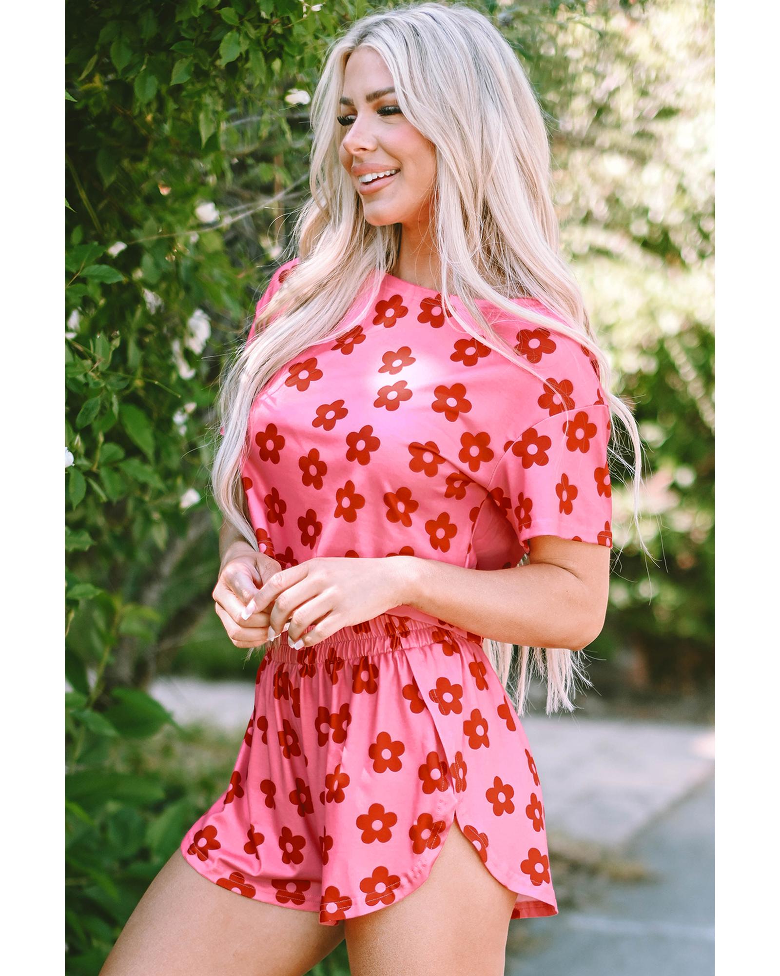 Rose Floral Print Crop Tee and Shorts Lounge Set - L