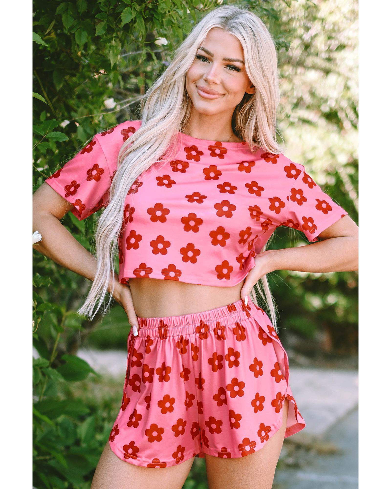 Rose Floral Print Crop Tee and Shorts Lounge Set - XL