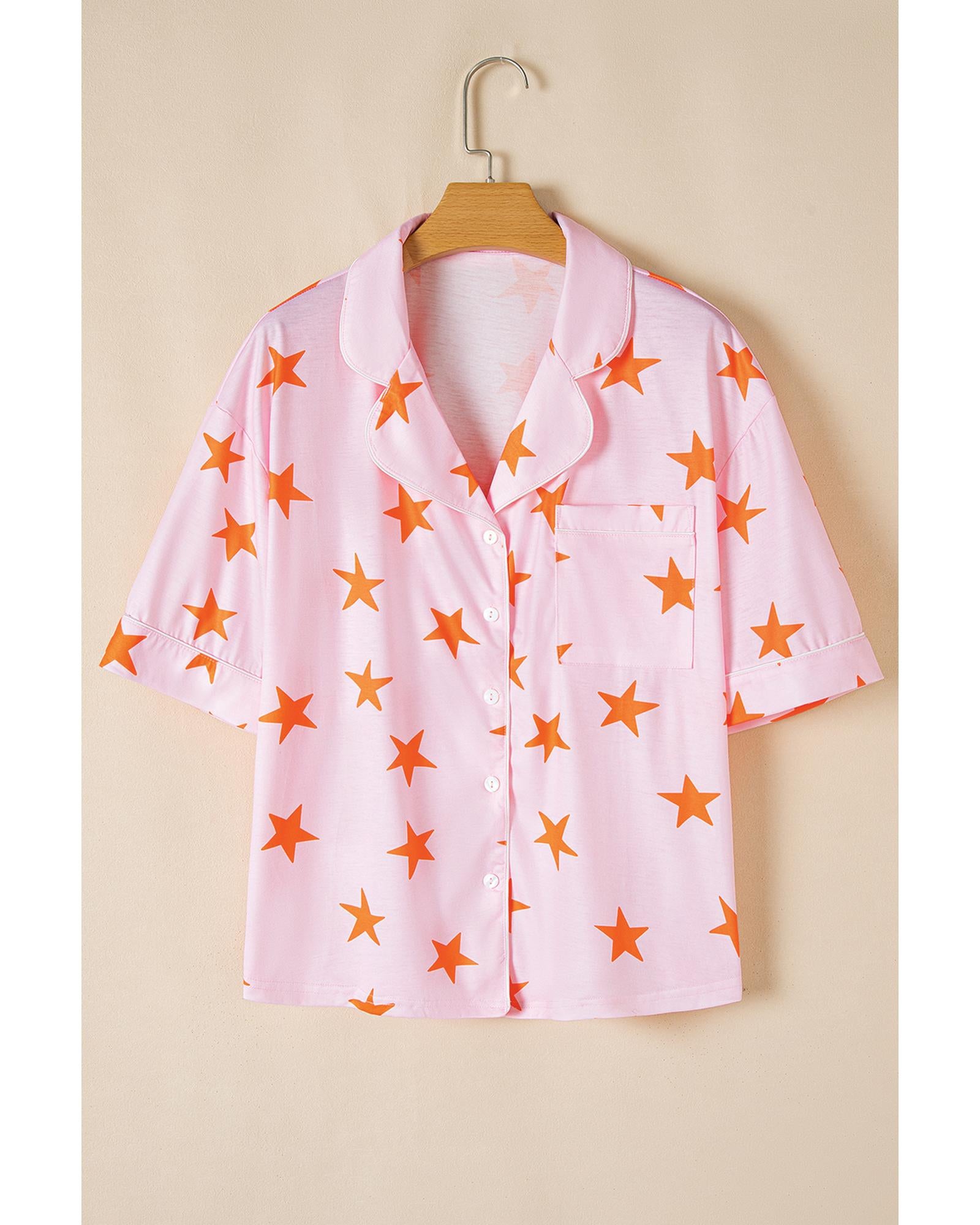 Pink Stars Short Sleeve Shirt and Shorts Bamboo Pajama Set - XL