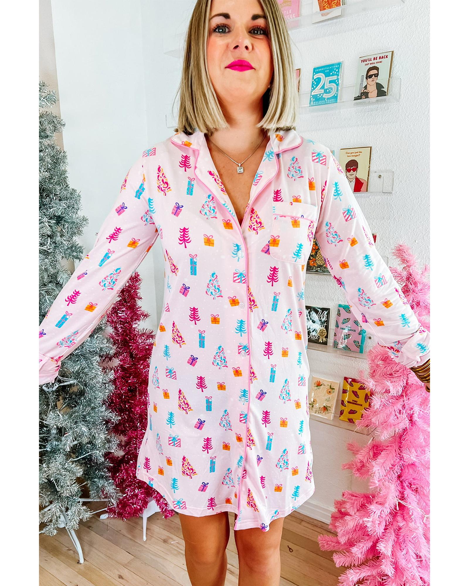 Pink Christmas Twinkle Tree Print Shirt Sleep Dress - M