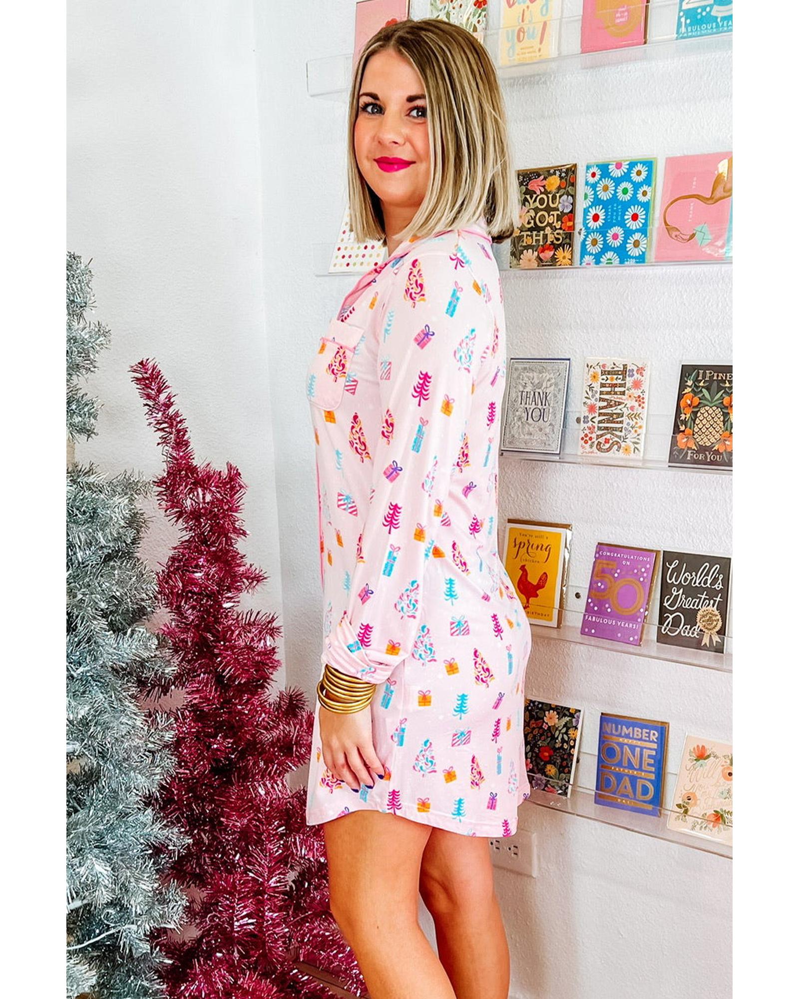 Pink Christmas Twinkle Tree Print Shirt Sleep Dress - XL