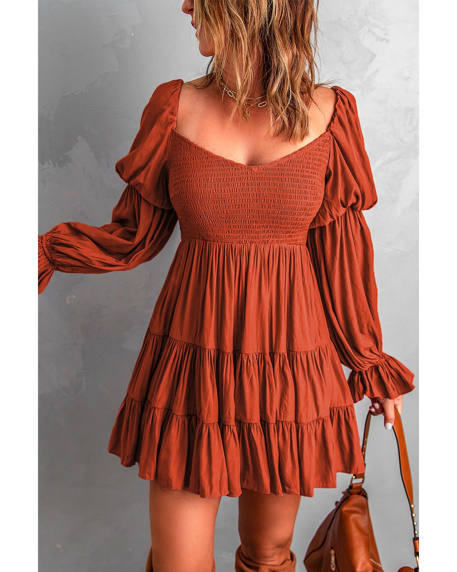 Brown Boho Solid Shirred Ruffle Mini Dress - L
