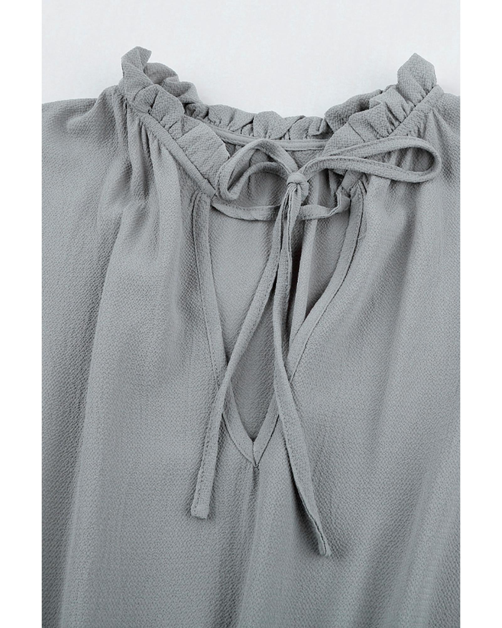 Gray V Neck Long Sleeve Ruffle Tiered Mini Dress - L