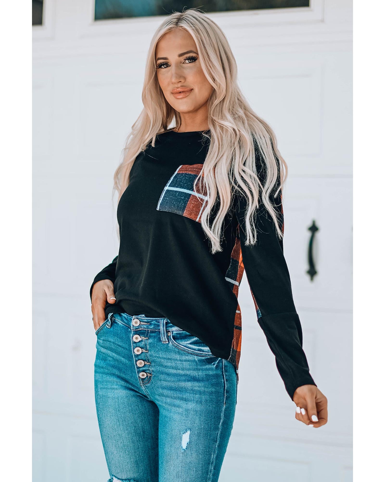 Azura Exchange Patchwork Plaid Long Sleeve Top - M