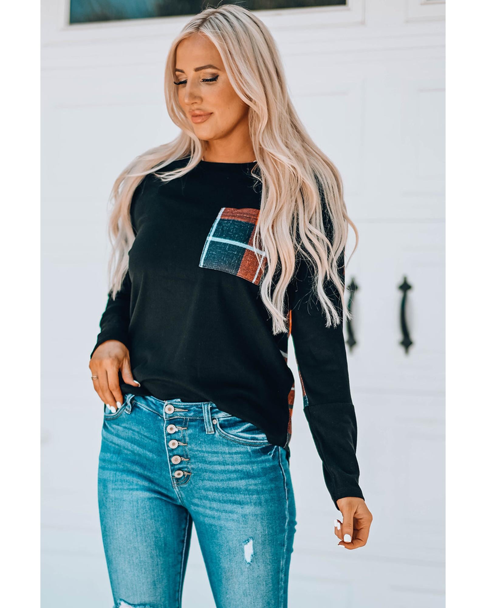 Azura Exchange Patchwork Plaid Long Sleeve Top - M