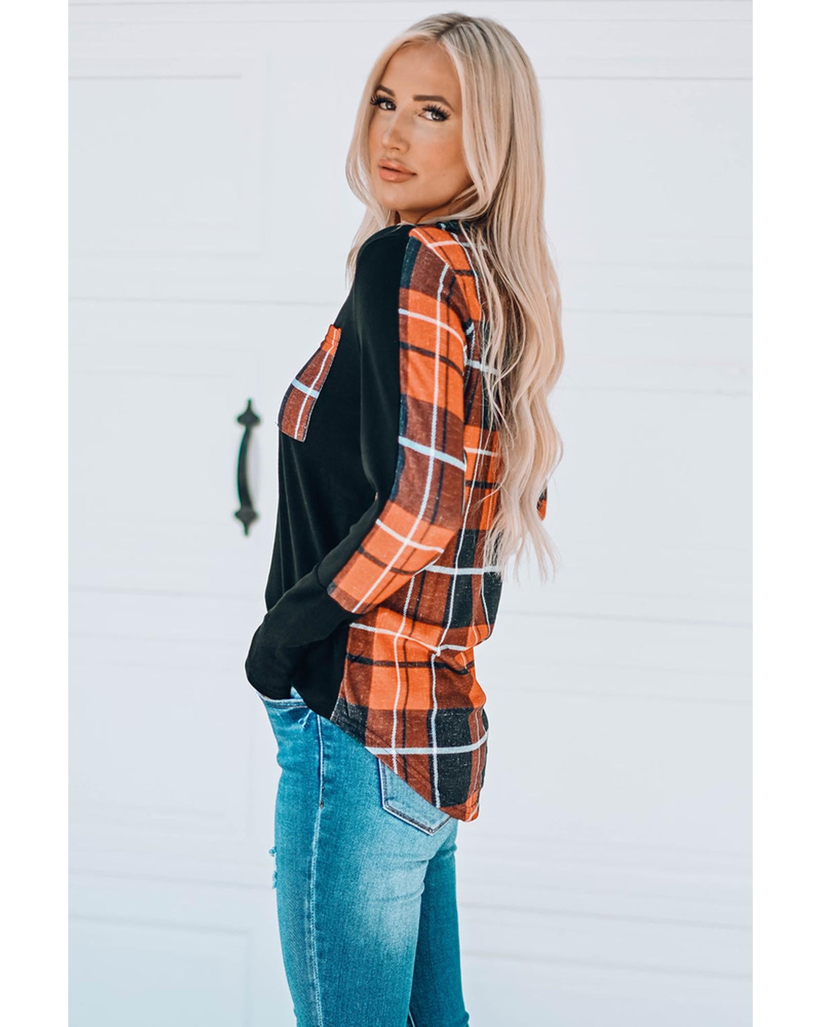 Azura Exchange Patchwork Plaid Long Sleeve Top - M
