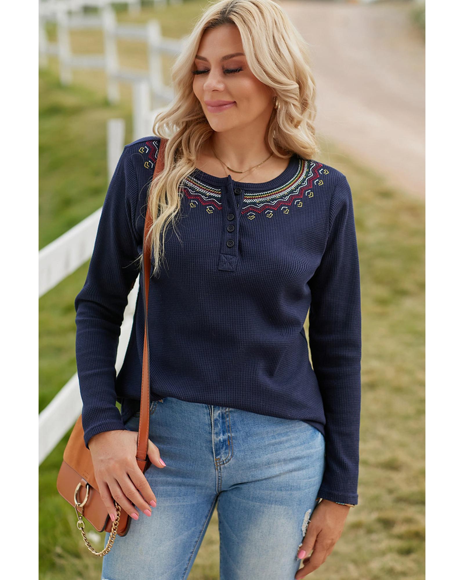 Azura Exchange Embroidered Navy Blue Waffle Top - L