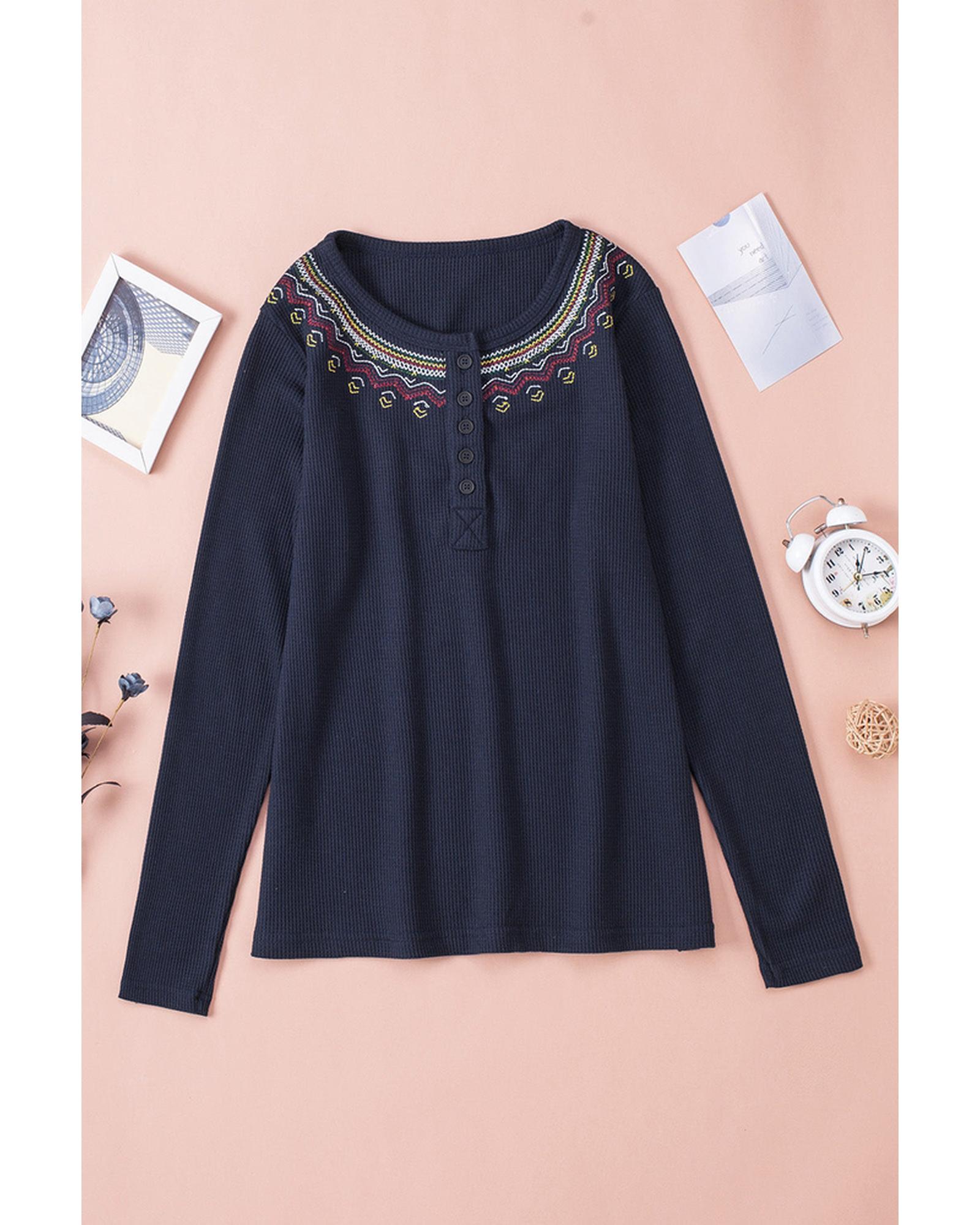 Azura Exchange Embroidered Navy Blue Waffle Top - L