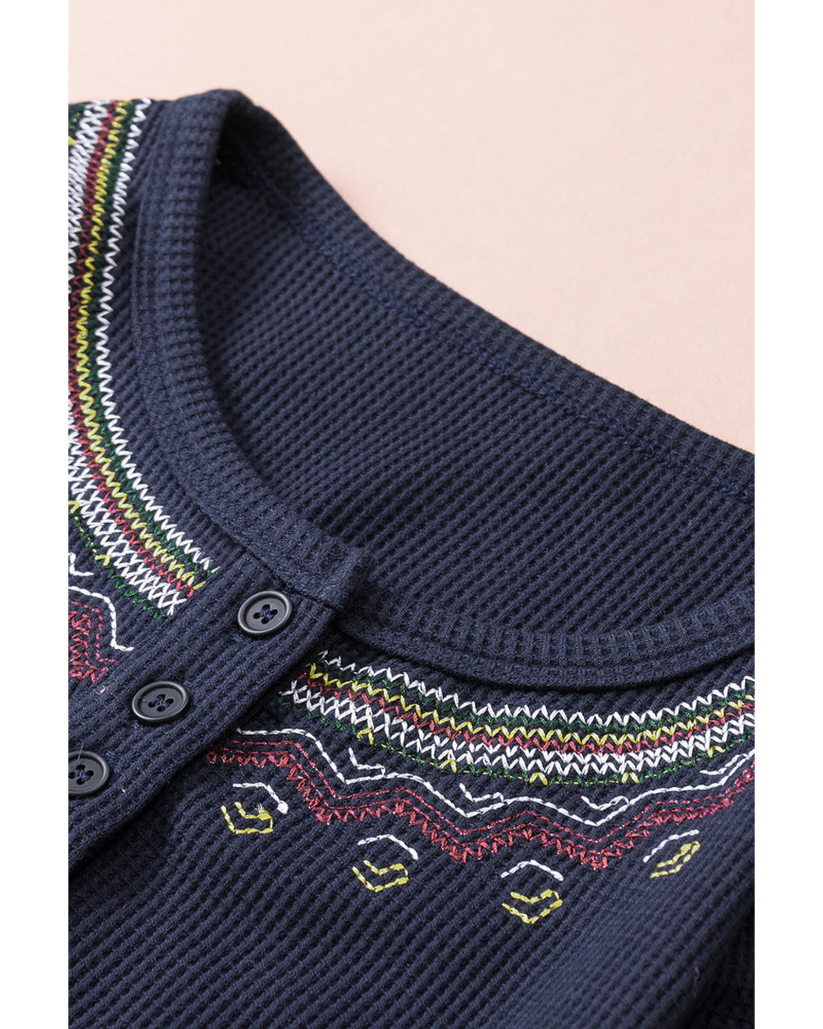 Azura Exchange Embroidered Navy Blue Waffle Top - L