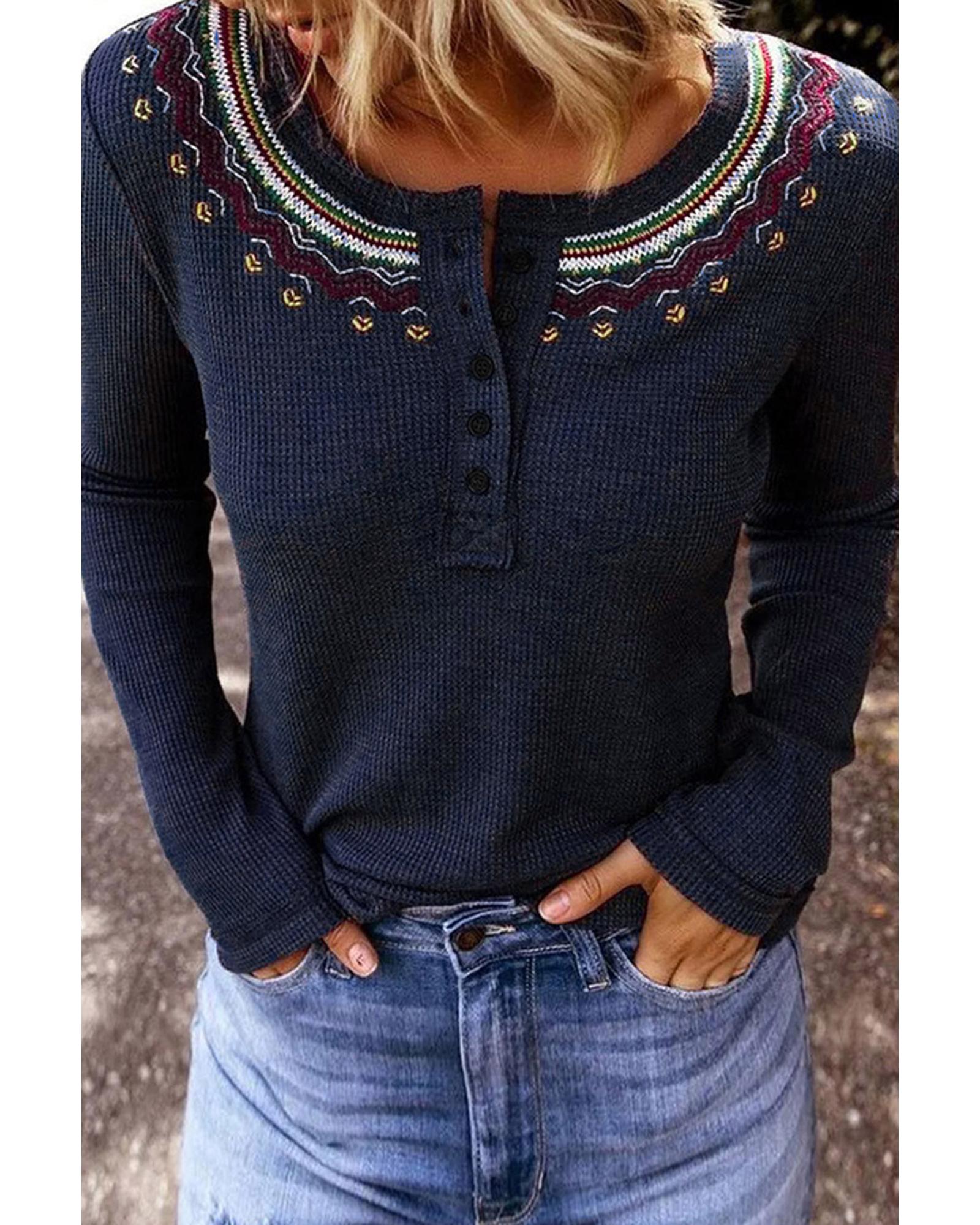 Azura Exchange Embroidered Navy Blue Waffle Top - S