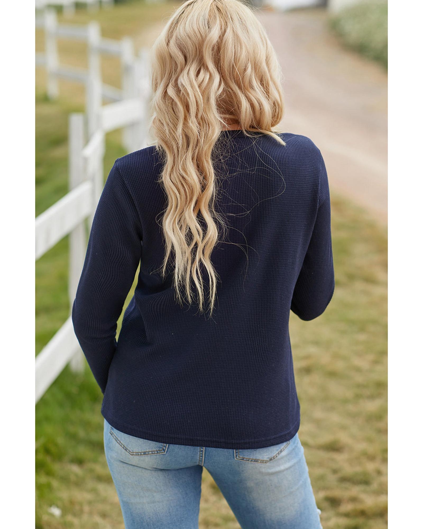 Azura Exchange Embroidered Navy Blue Waffle Top - S