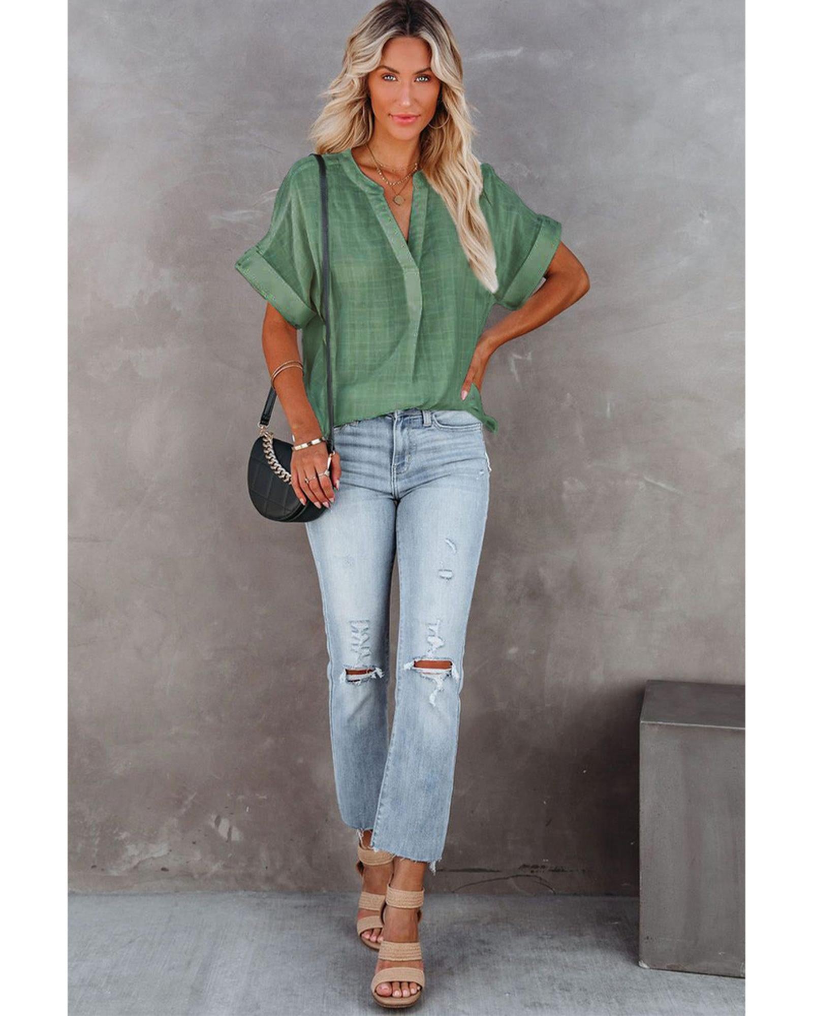 Azura Exchange Plaid Print V Neck Short Sleeve Shirt - M