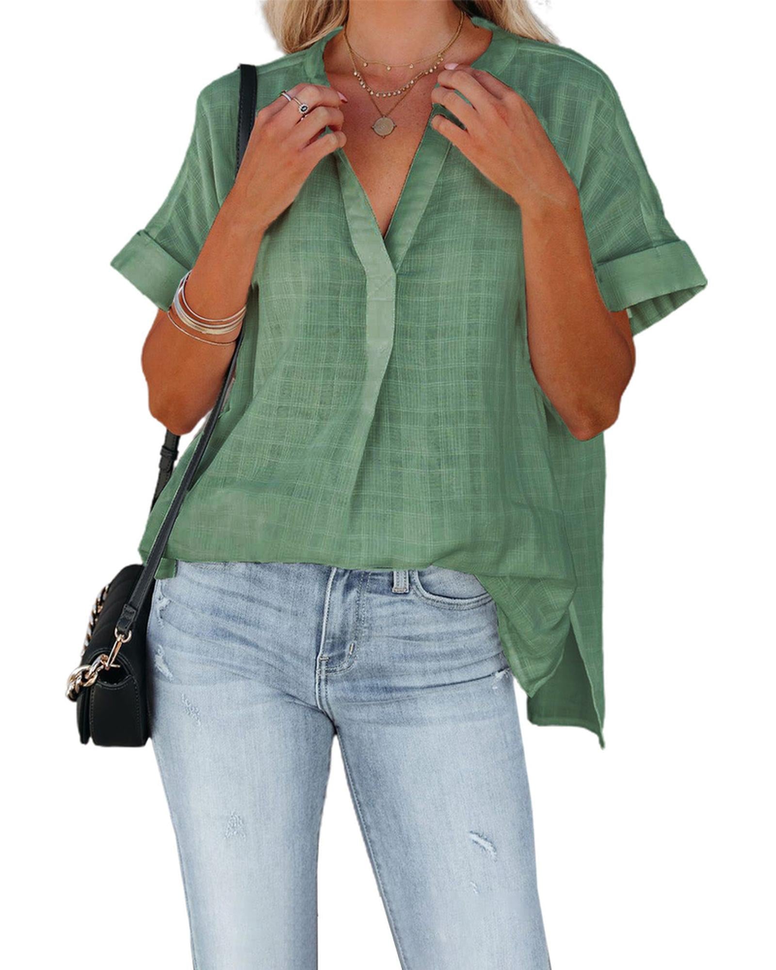 Azura Exchange Plaid Print V Neck Short Sleeve Shirt - M