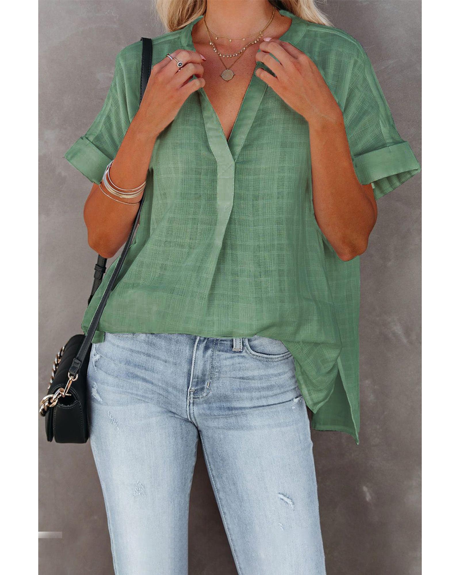 Azura Exchange Plaid Print V Neck Short Sleeve Shirt - S