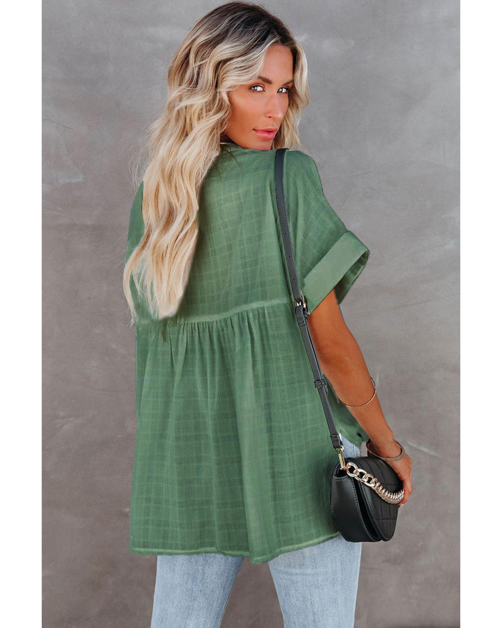 Azura Exchange Plaid Print V Neck Short Sleeve Shirt - S