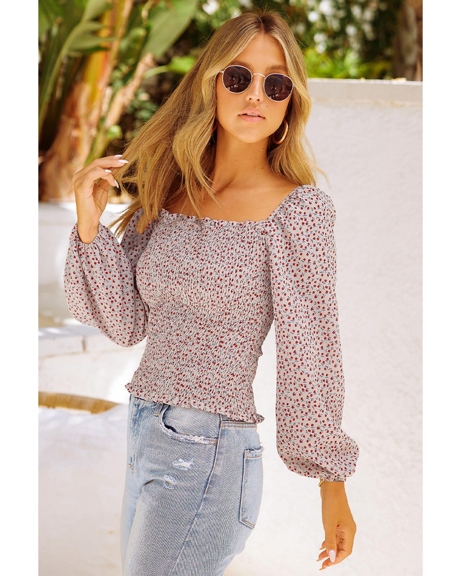 Azura Exchange Puff Sleeve Floral Smocked Top - S