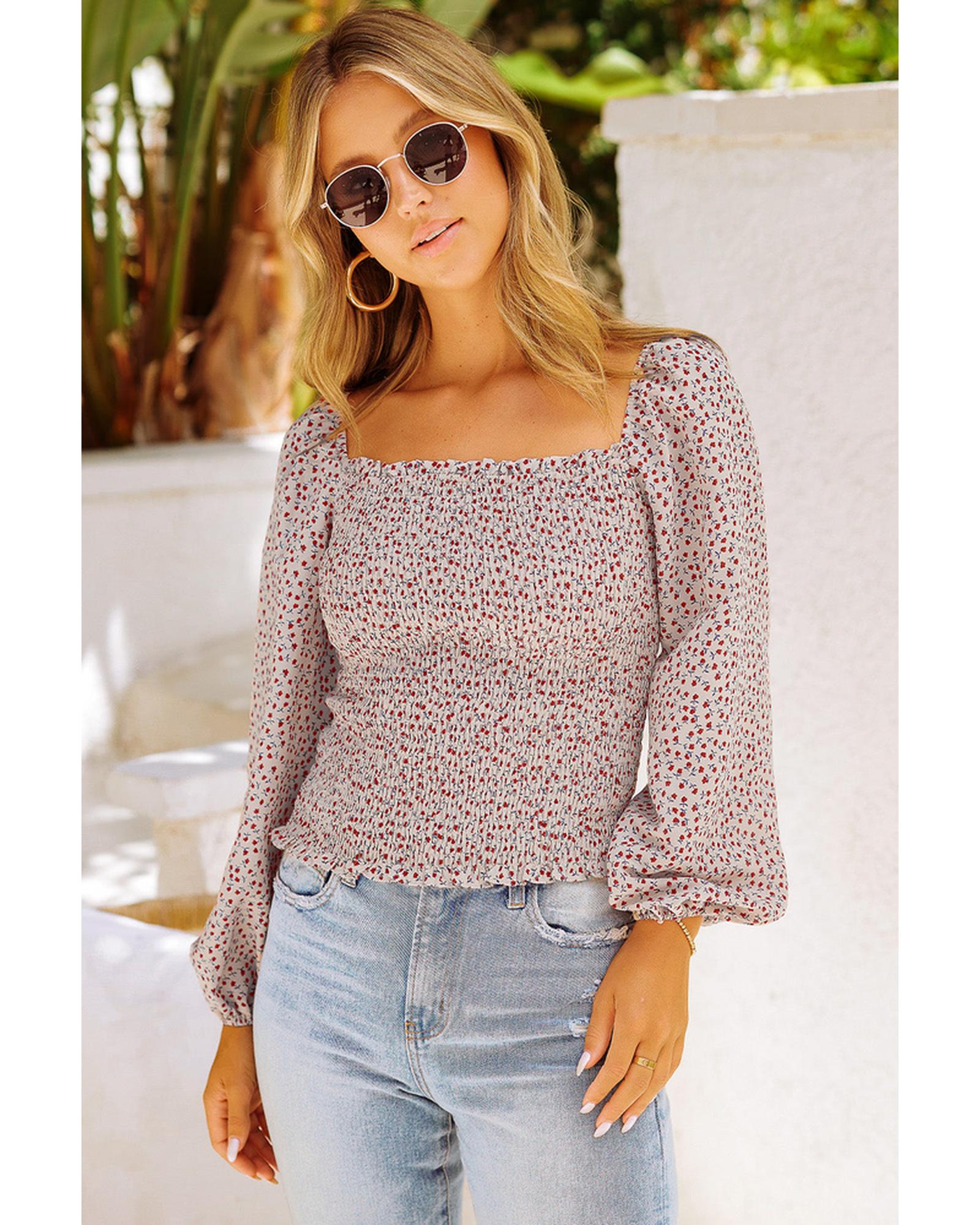 Azura Exchange Puff Sleeve Floral Smocked Top - S
