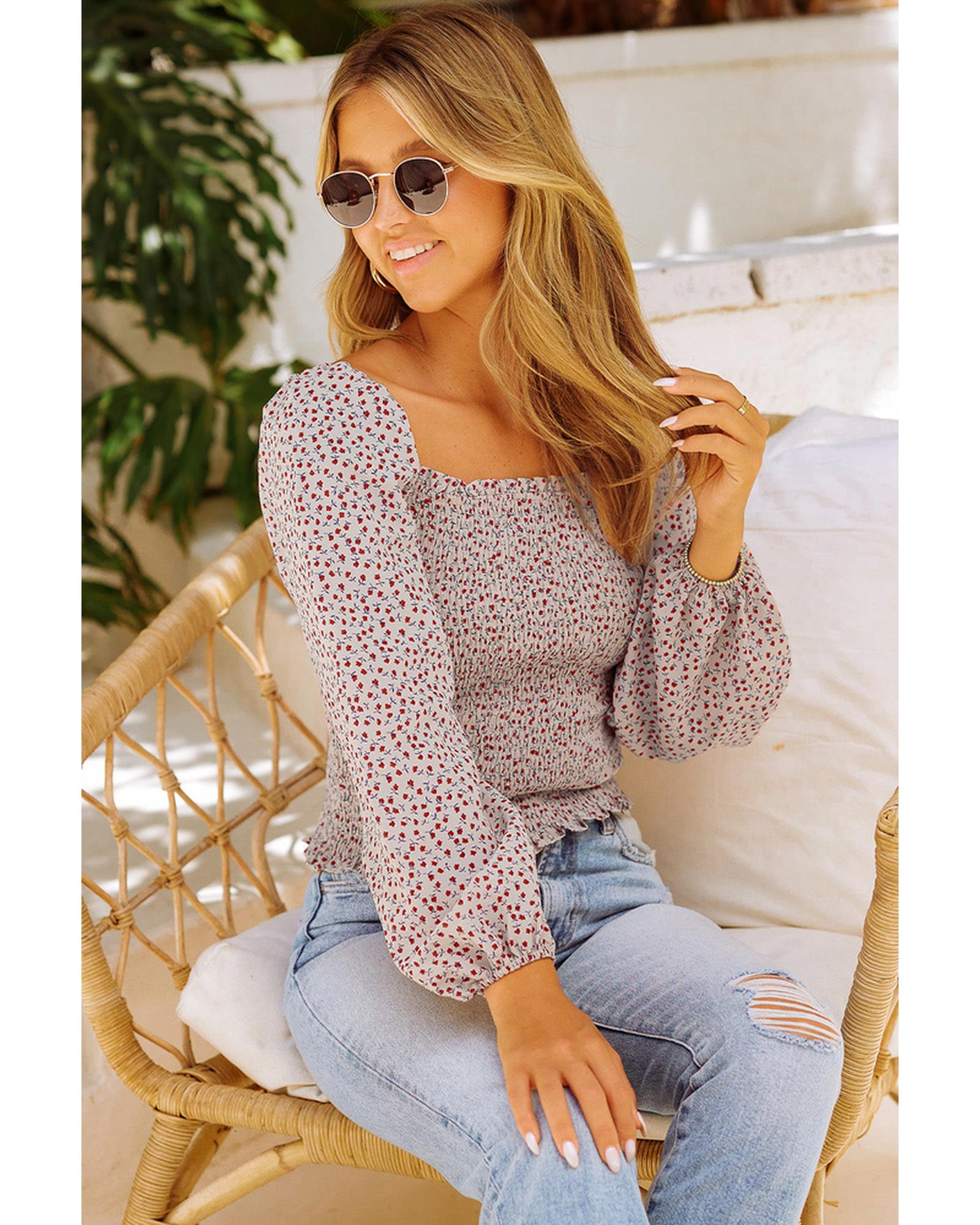 Azura Exchange Puff Sleeve Floral Smocked Top - S