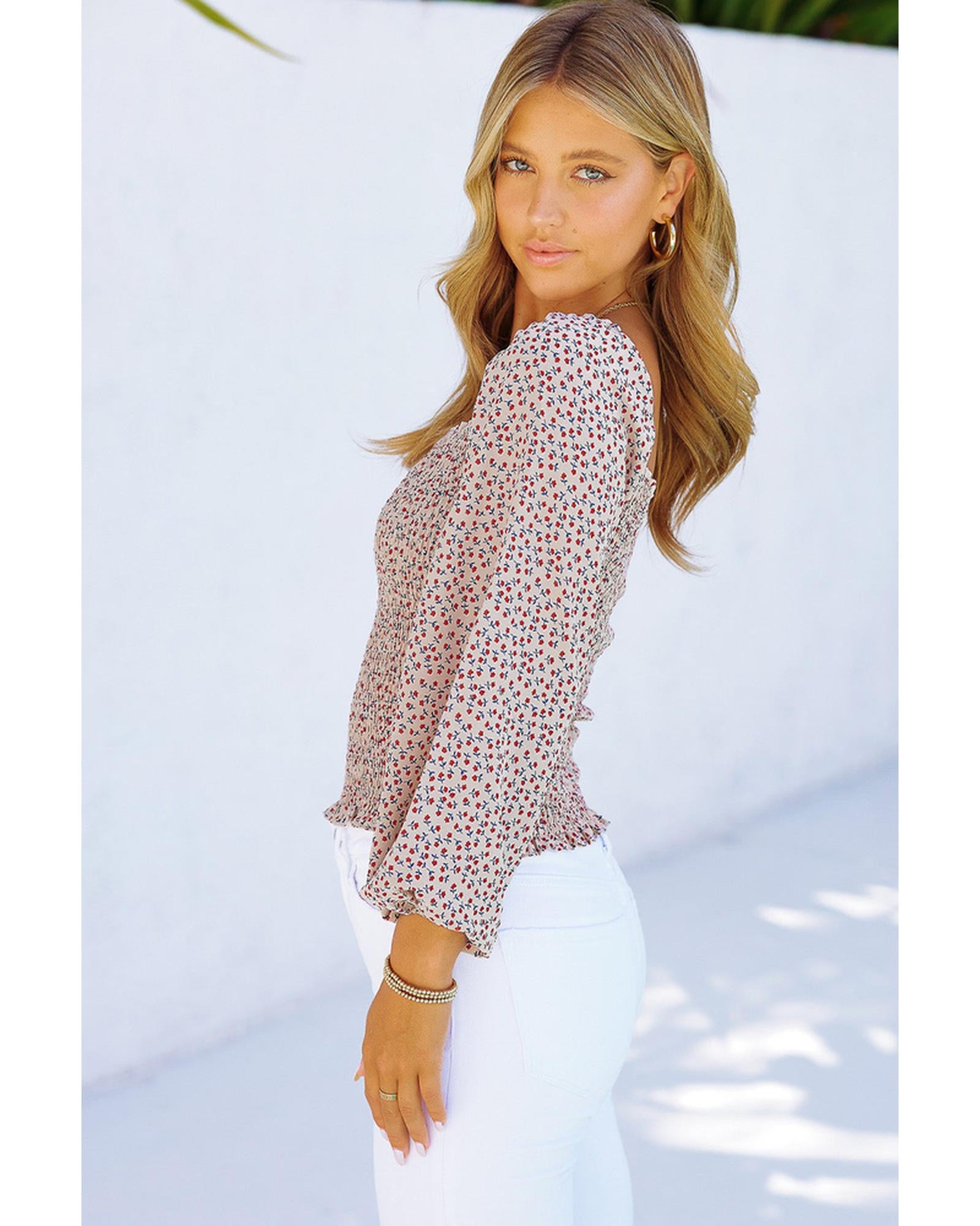 Azura Exchange Puff Sleeve Floral Smocked Top - S