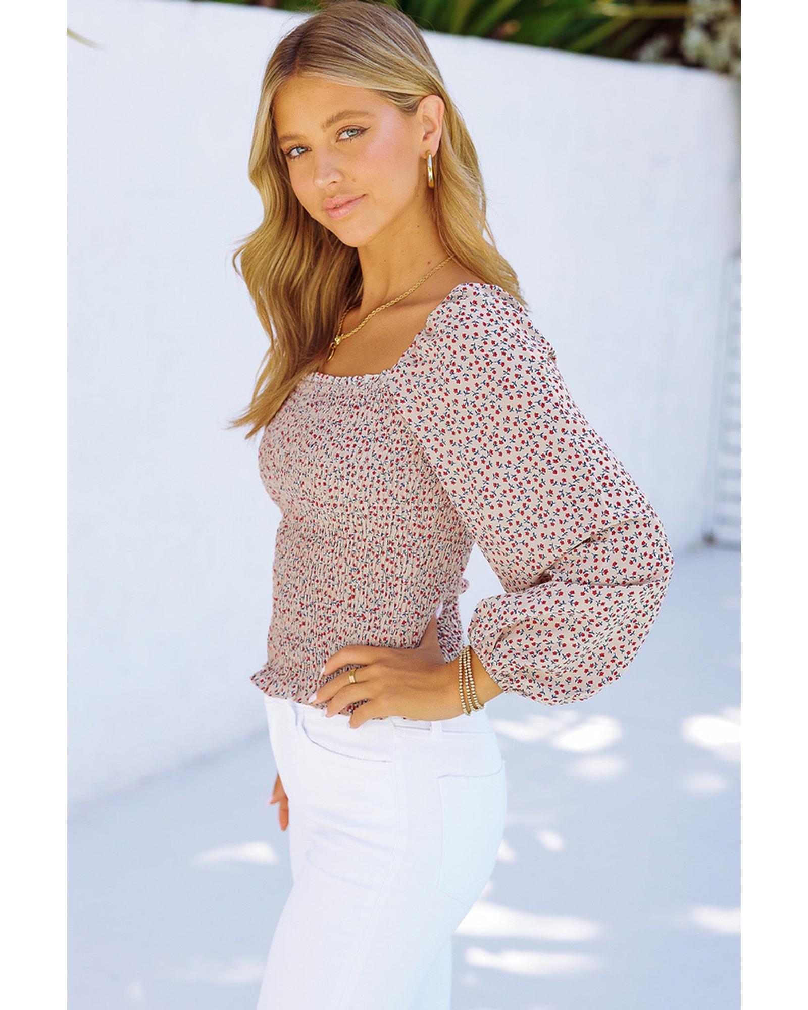 Azura Exchange Puff Sleeve Floral Smocked Top - S