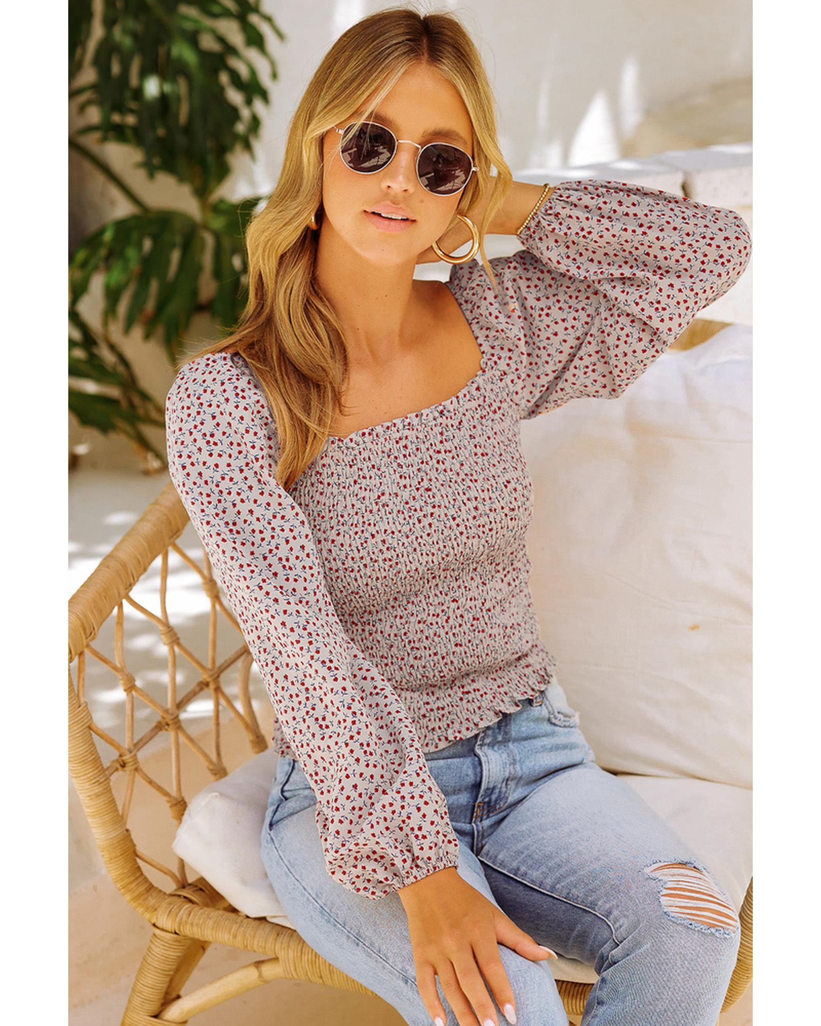 Azura Exchange Puff Sleeve Floral Smocked Top - S