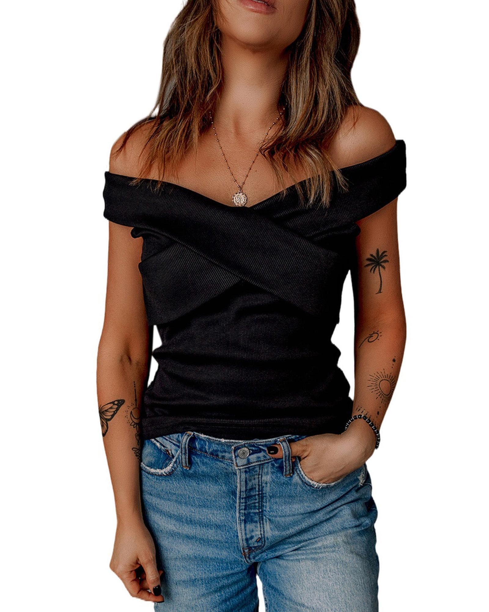 Azura Exchange Criss Cross Off Shoulder Ribbed Top - M
