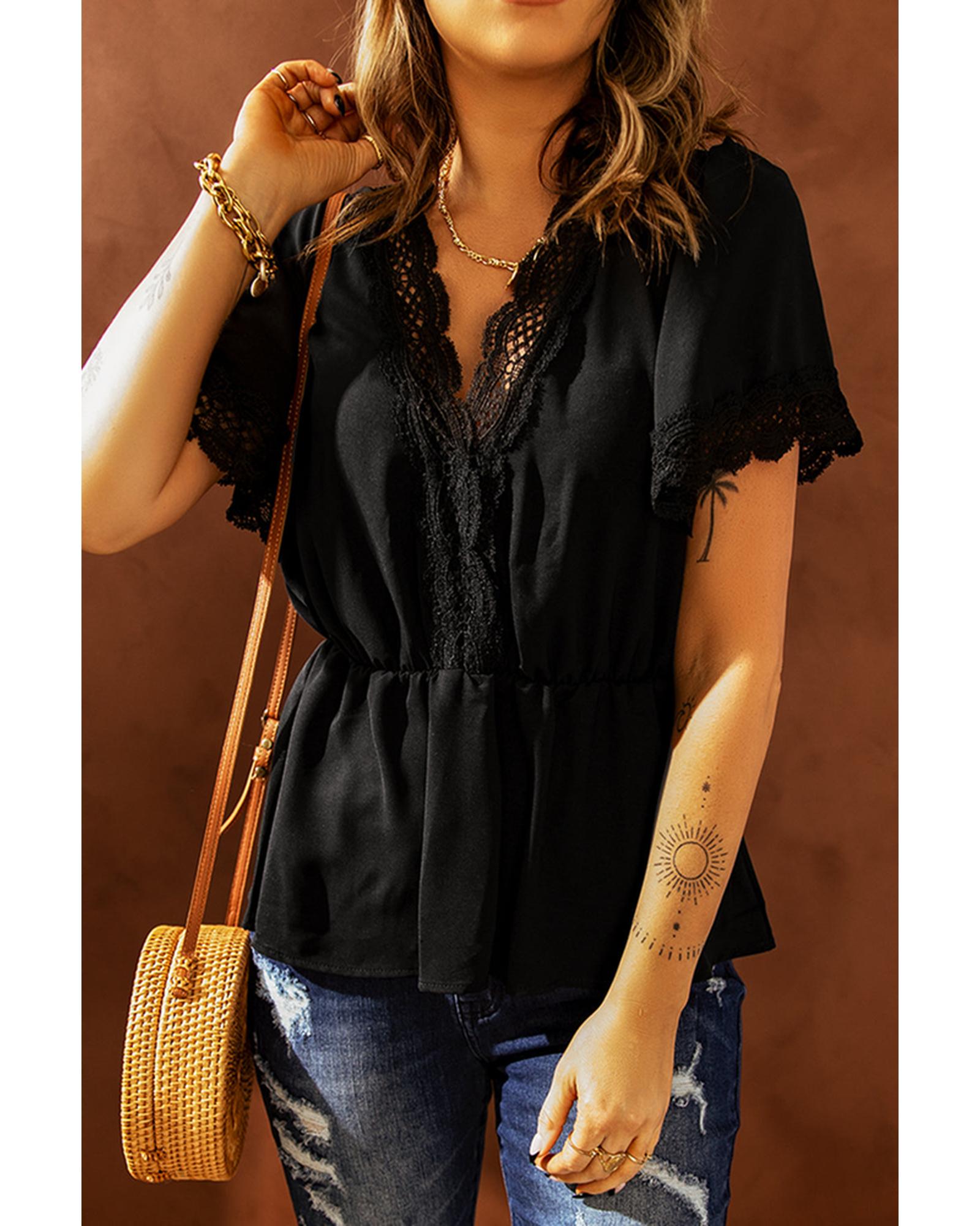 Azura Exchange Lace Splicing V Neck Blouse - M