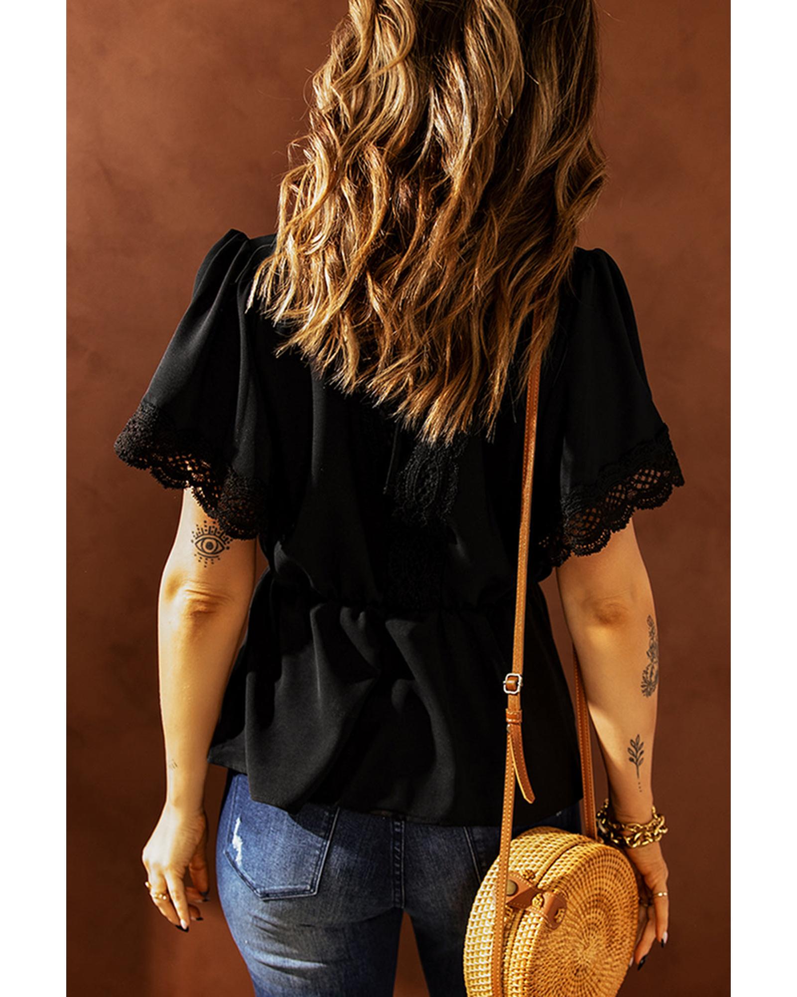 Azura Exchange Lace Splicing V Neck Blouse - M