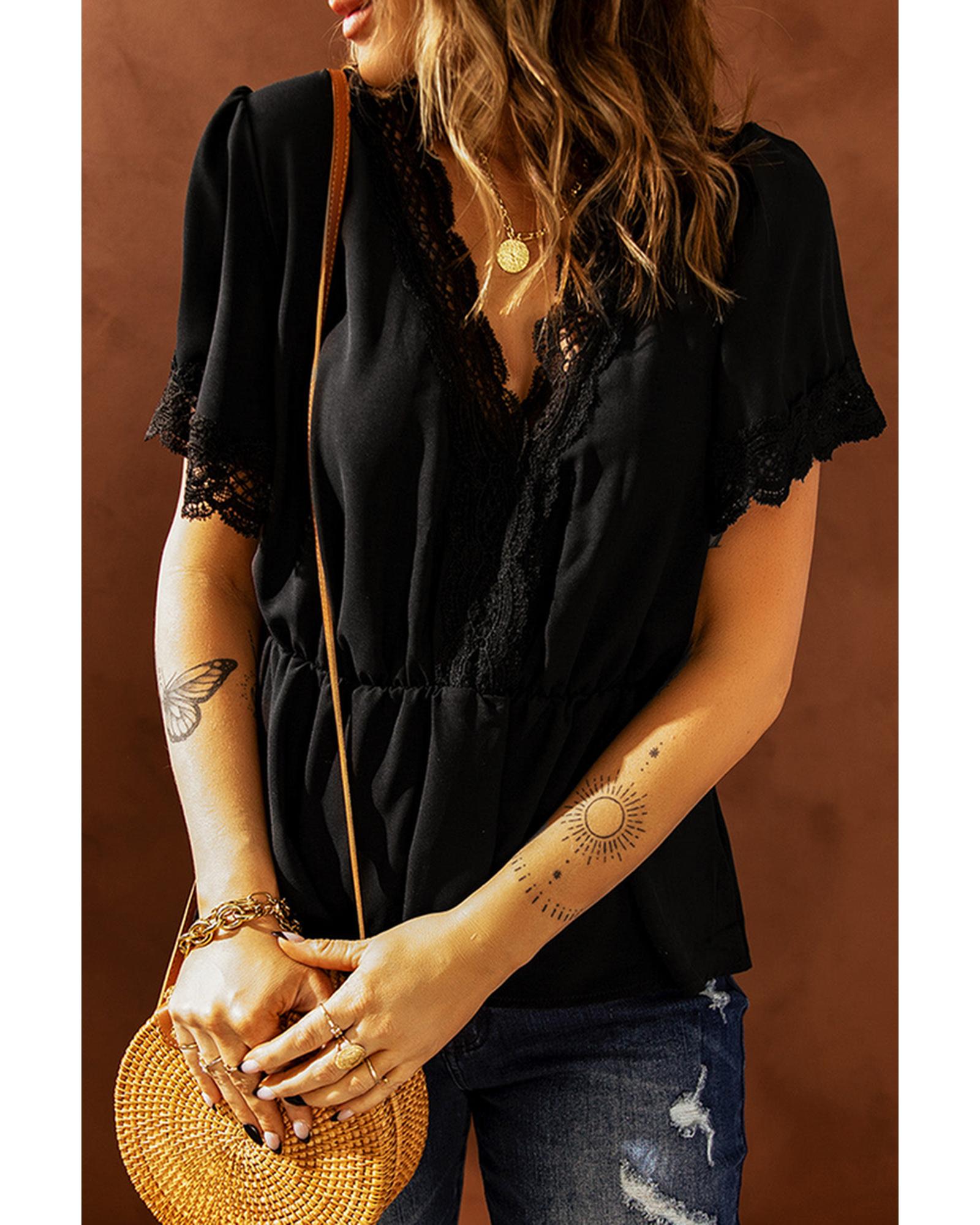 Azura Exchange Lace Splicing V Neck Blouse - M