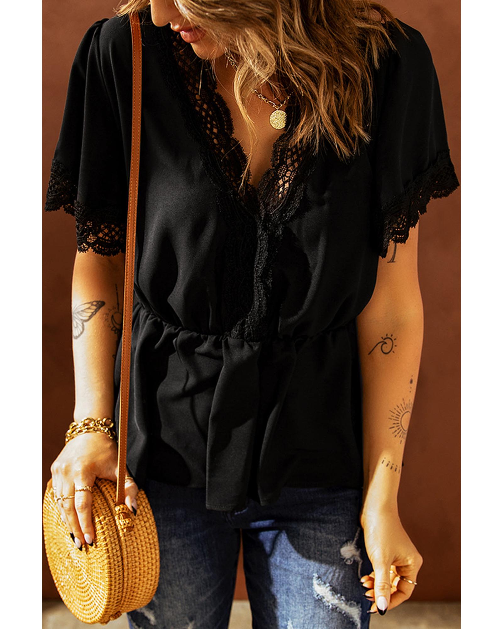 Azura Exchange Lace Splicing V Neck Blouse - M