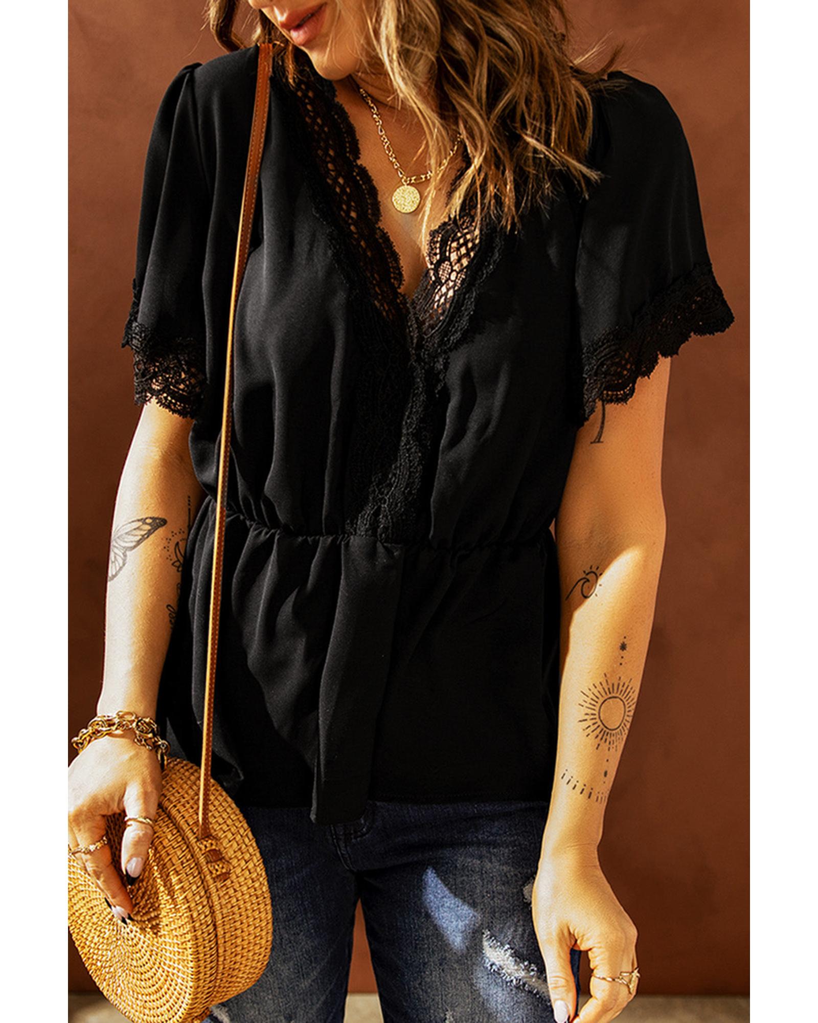 Azura Exchange Lace Splicing V Neck Blouse - M