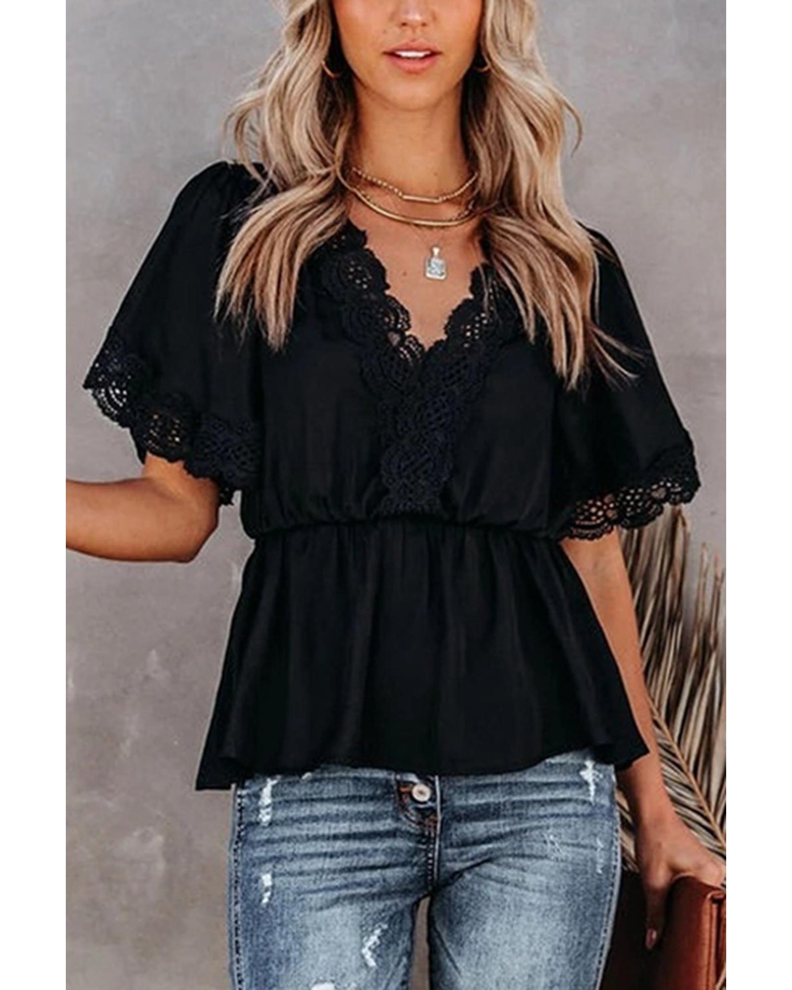 Azura Exchange Lace Splicing V Neck Blouse - M