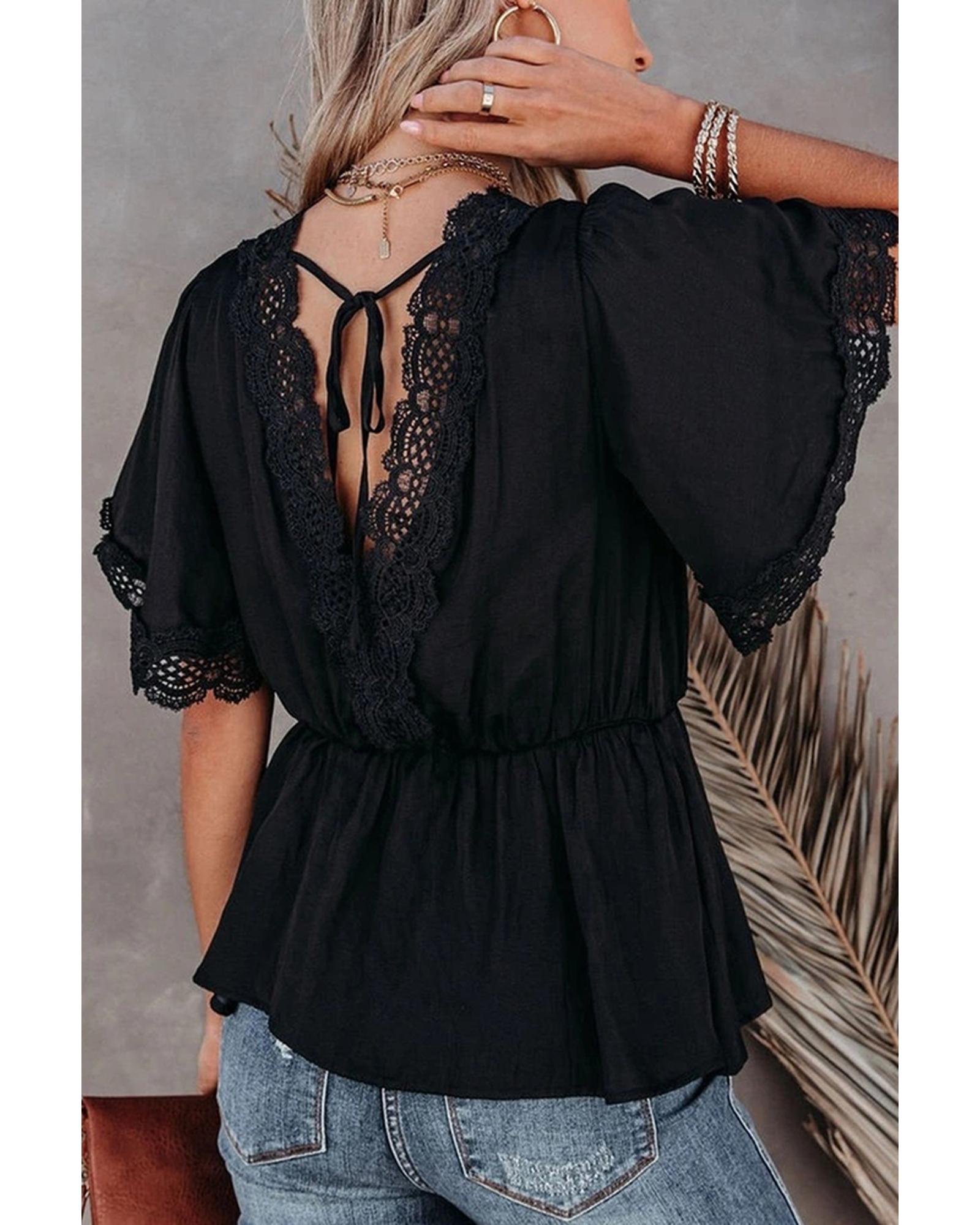 Azura Exchange Lace Splicing V Neck Blouse - M