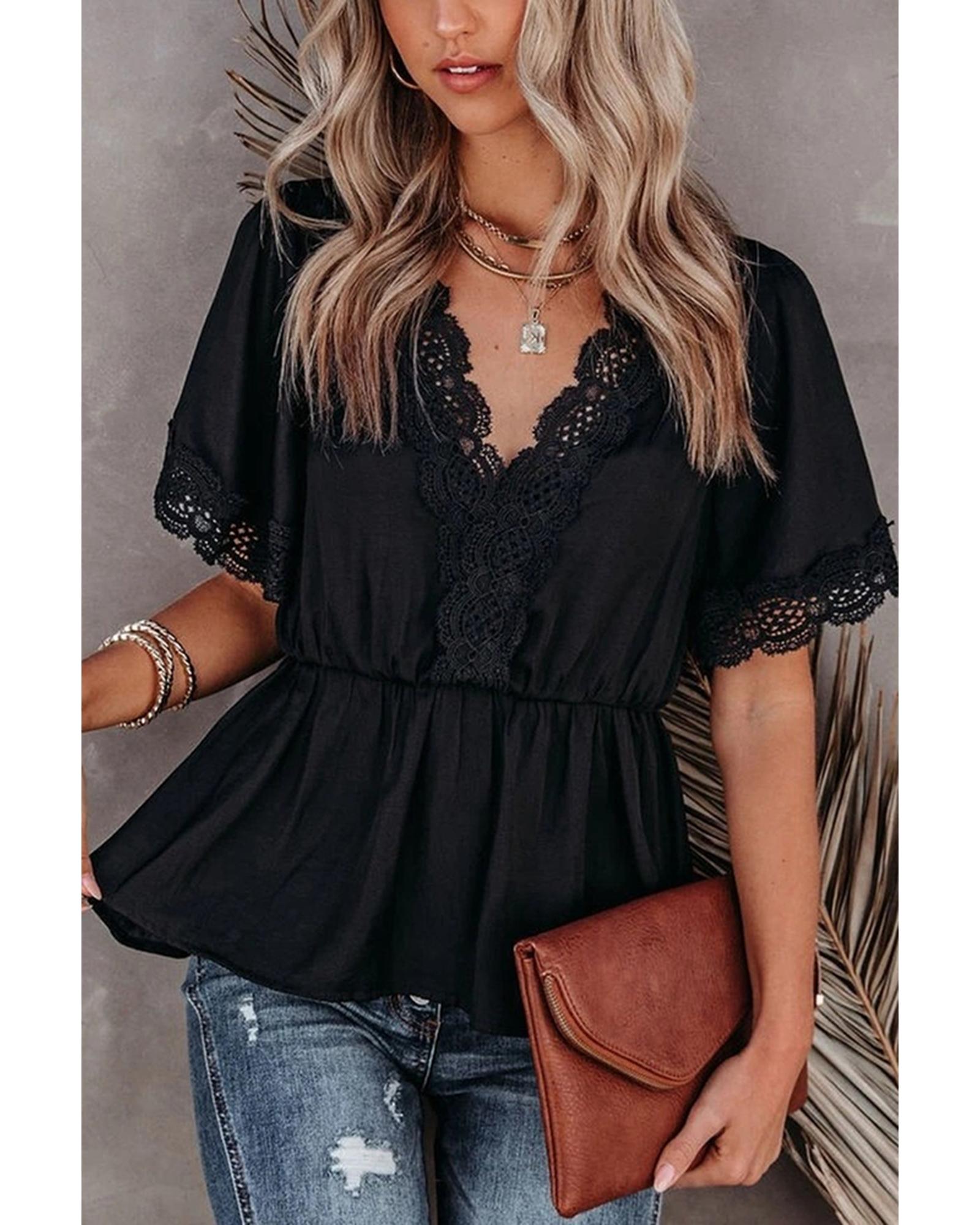 Azura Exchange Lace Splicing V Neck Blouse - M