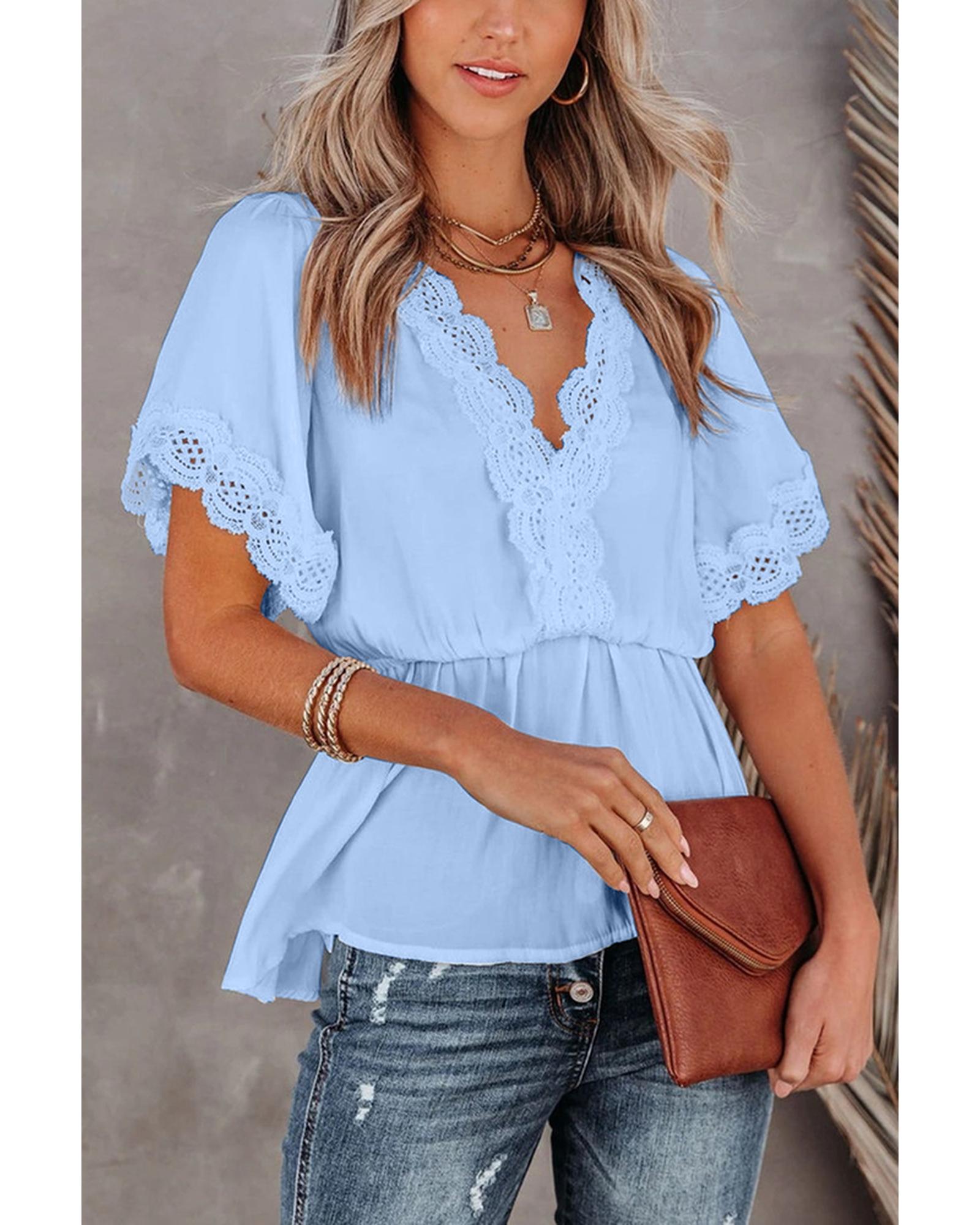 Azura Exchange Lace Splicing V Neck Blouse - L