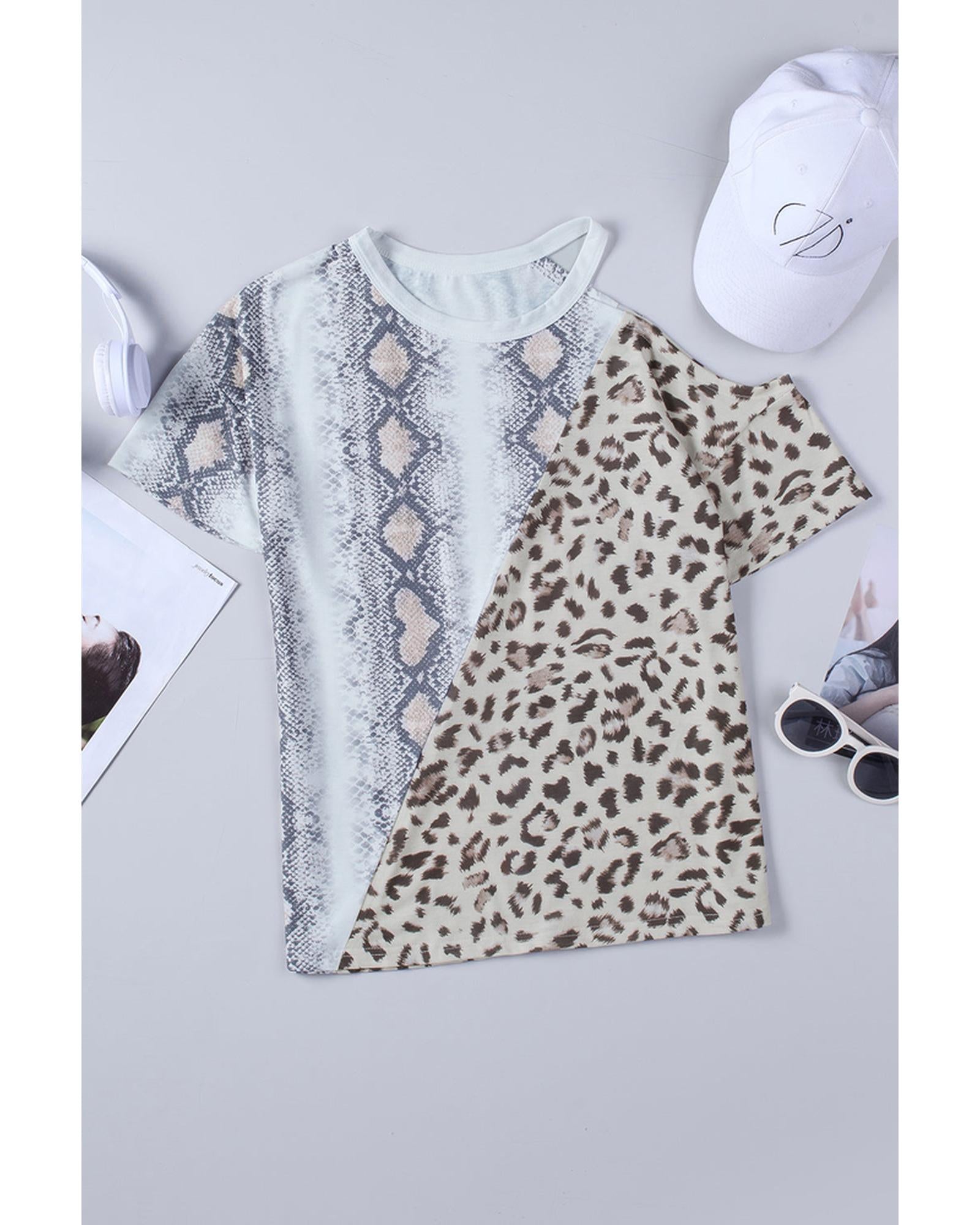 Azura Exchange Snakeskin Leopard Color Block Cold Shoulder T-shirt - L