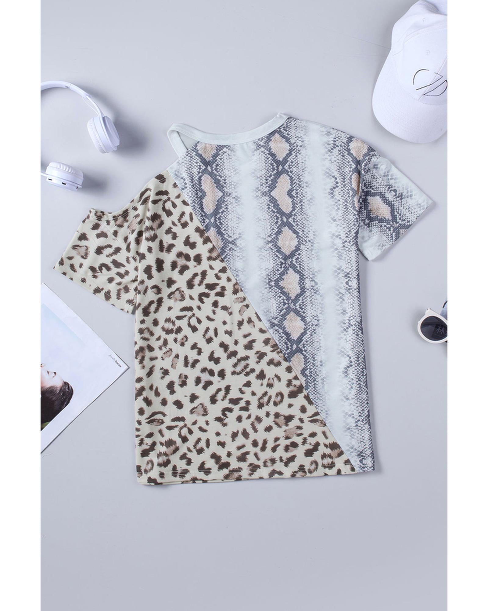 Azura Exchange Snakeskin Leopard Color Block Cold Shoulder T-shirt - M