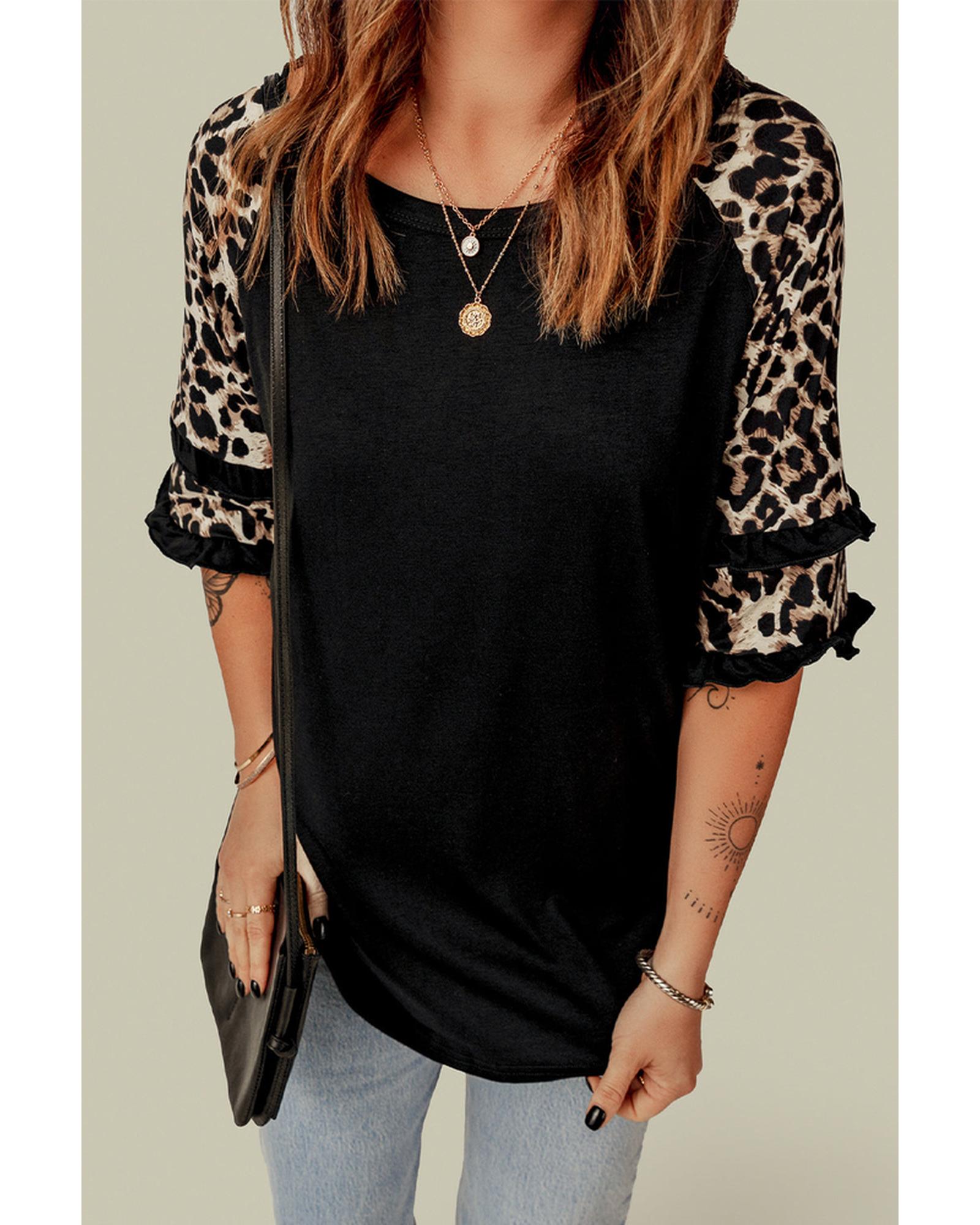 Azura Exchange Leopard Patchwork Ruffled Sleeve Top - S