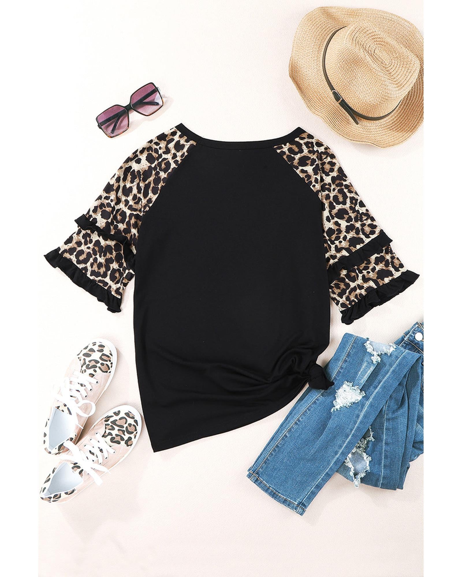 Azura Exchange Leopard Patchwork Ruffled Sleeve Top - S