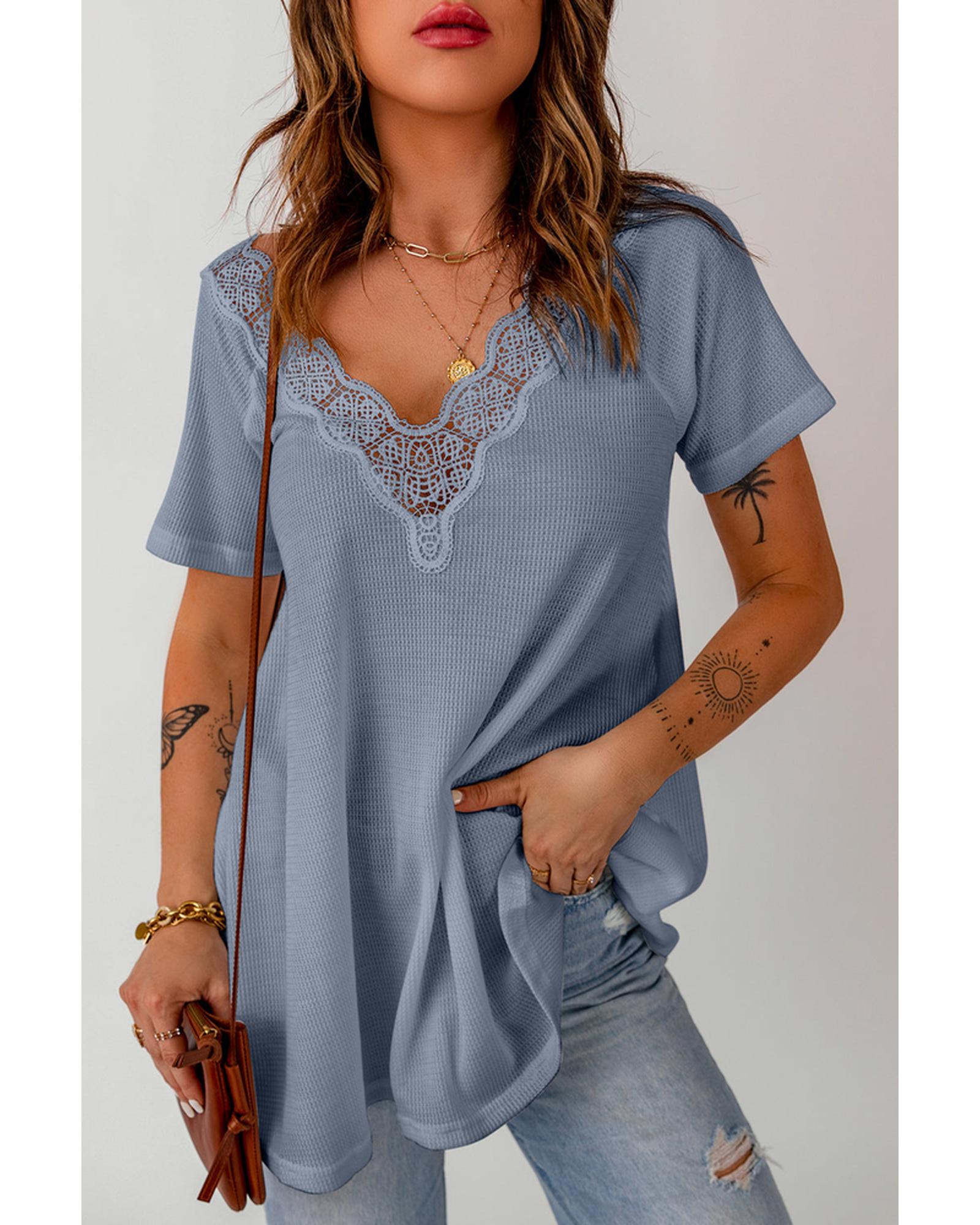 Azura Exchange Lace Crochet Waffle Knit Ruffled V Neck Top - L