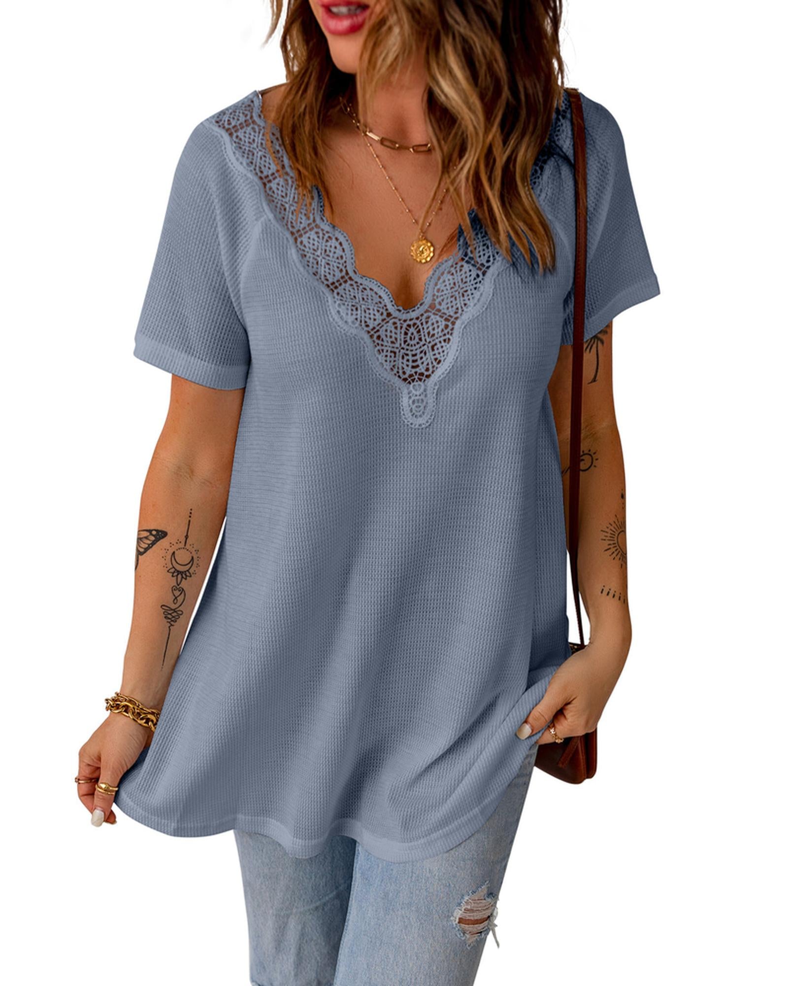 Azura Exchange Lace Crochet Waffle Knit Ruffled V Neck Top - M