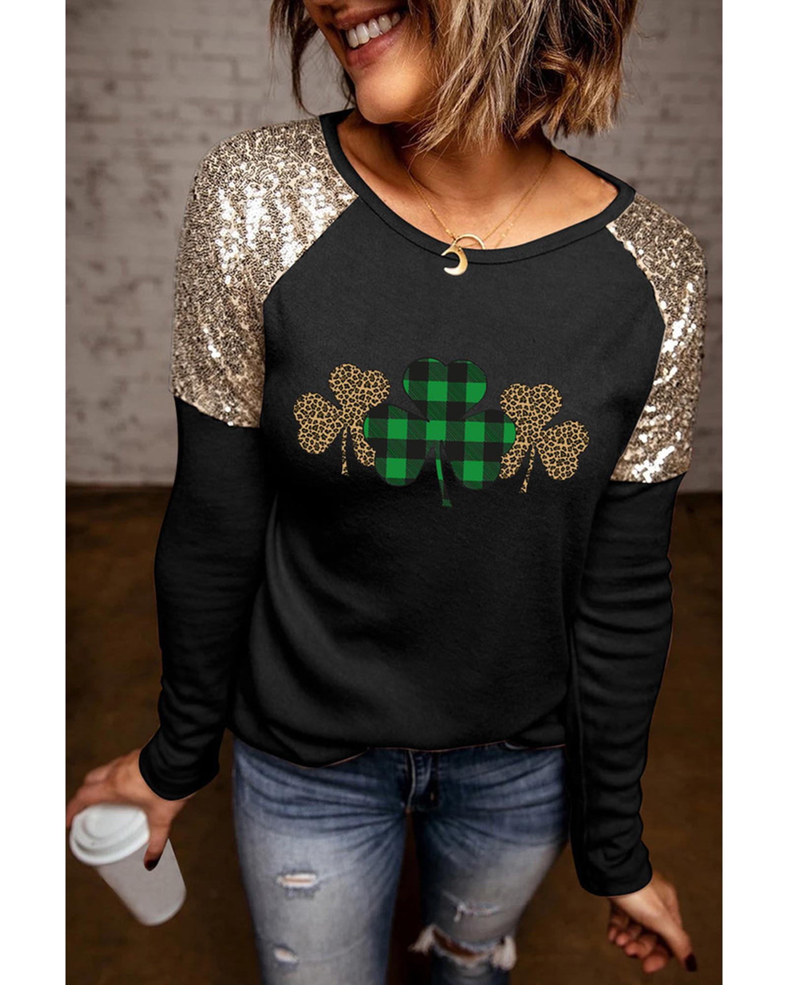 Azura Exchange Sequin Patchwork Plaid Leopard Long Sleeve Top - L